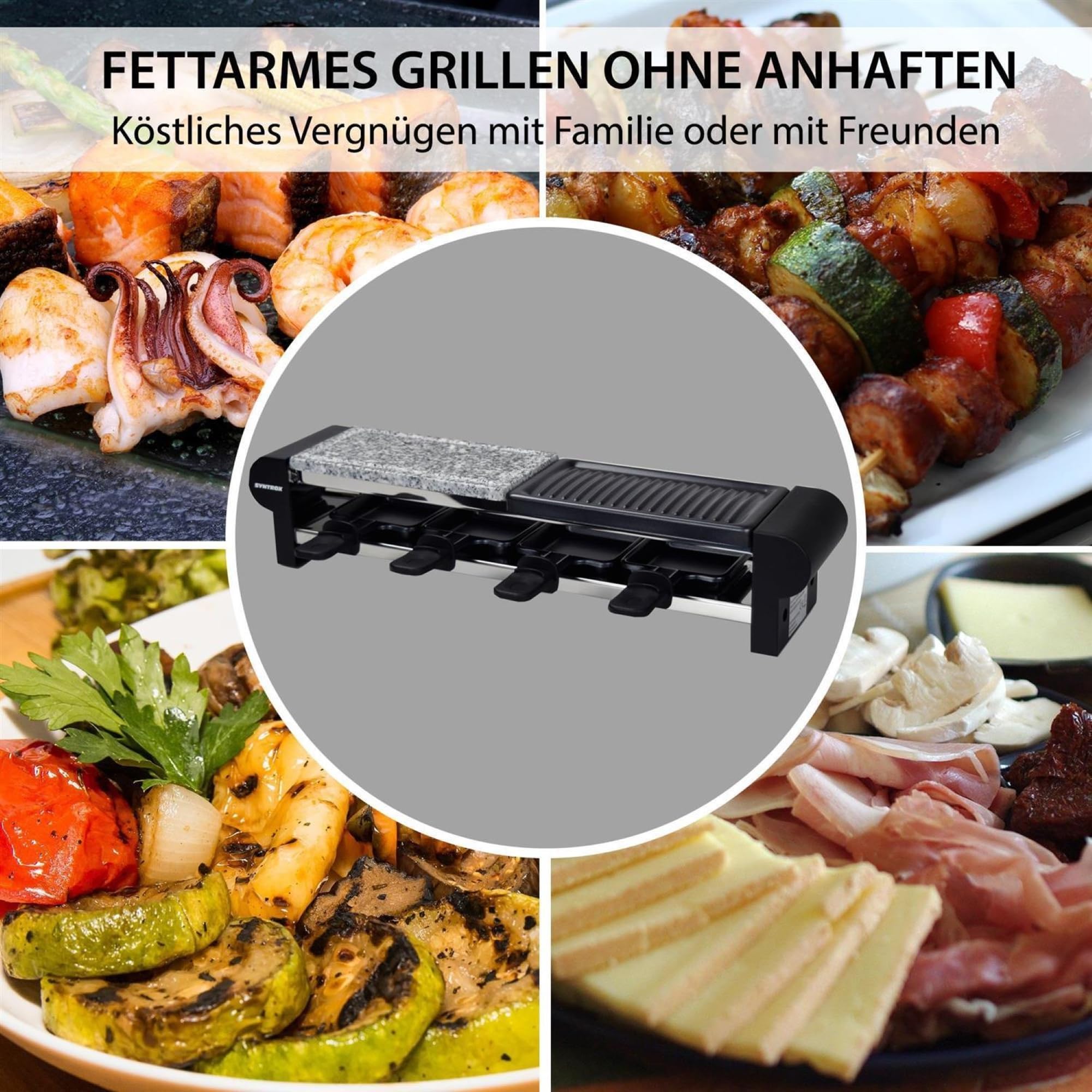 Syntrox Germany Raclette-Grill Thurga, Raclette Set für vier Personen, Antihaftbeschichtung für einfache Reinigung, Geteilte Platte mit heißem Stein und Grillplatte