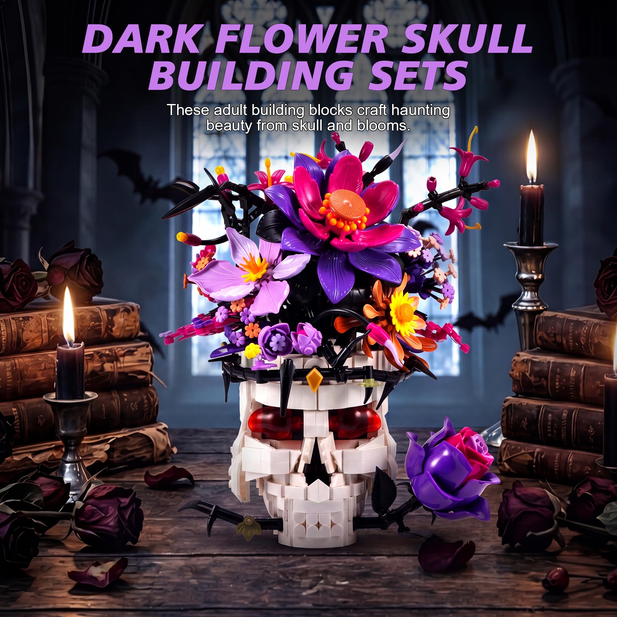 Goldlife Gothic Klemmbausteine Blumen mit Totenkopf-Vase, Blumenstrauß Bausteine für Erwachsene Frauen, Valentinstag Halloween Geburtstag Totenkopf Geschenke, Gothic Deko (Rose)