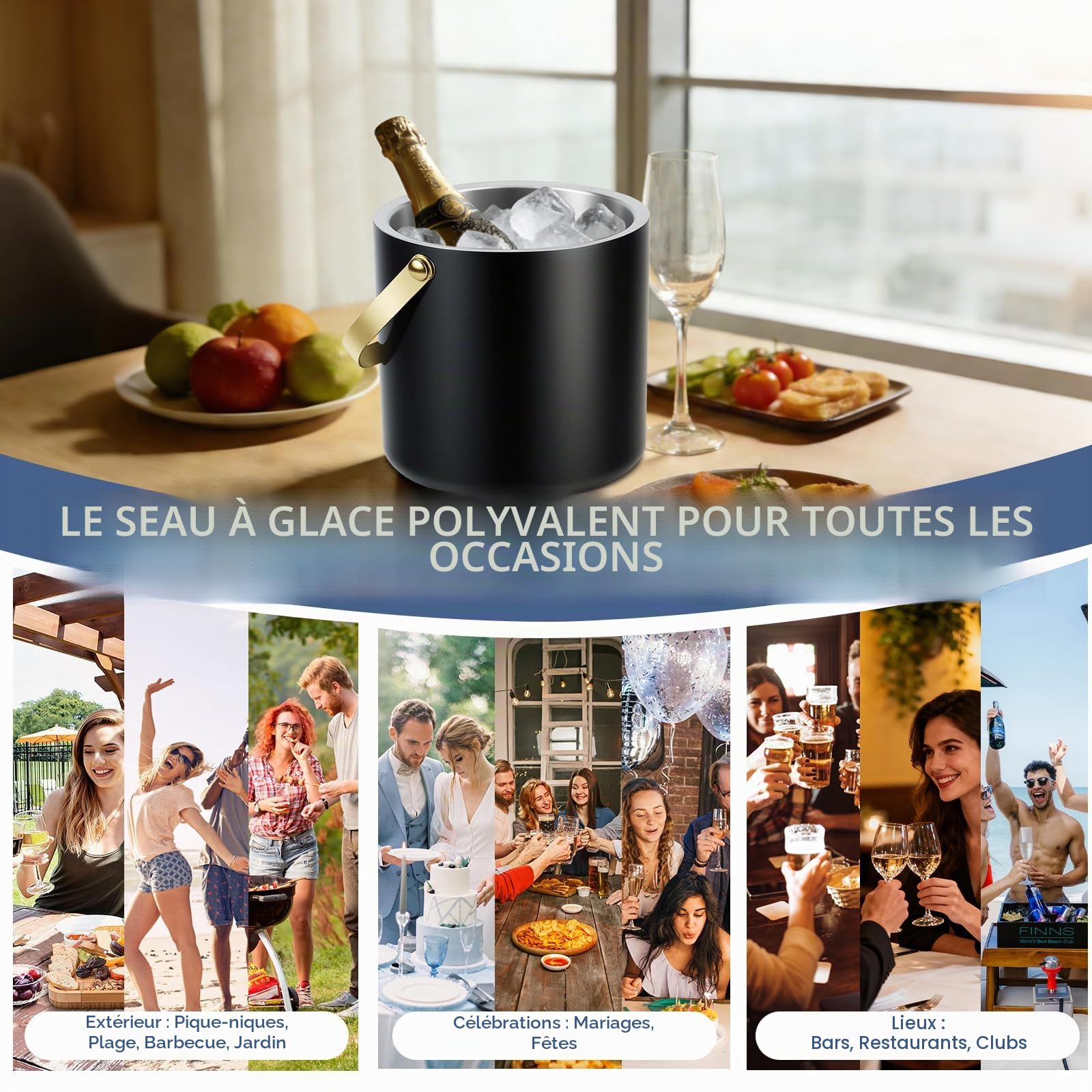 Qingning Seau à Glace en Acier Inoxydable 3.2L, Double Paroi Isolante avec Couvercle, Pinces, Pelle à Glace et Passoire, Seau à Glace Isotherme Double Paroi, Idéal pour Bière, Vin, Bar à Cocktails