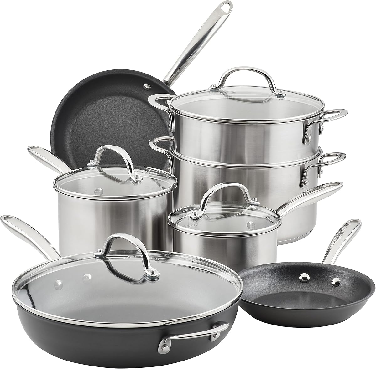 Rachael Ray 70033 Professional Stainless Steel/Hard Anodized Nonstick Cookware Pots and Pans Set, 11 Piece - Gray and Silver