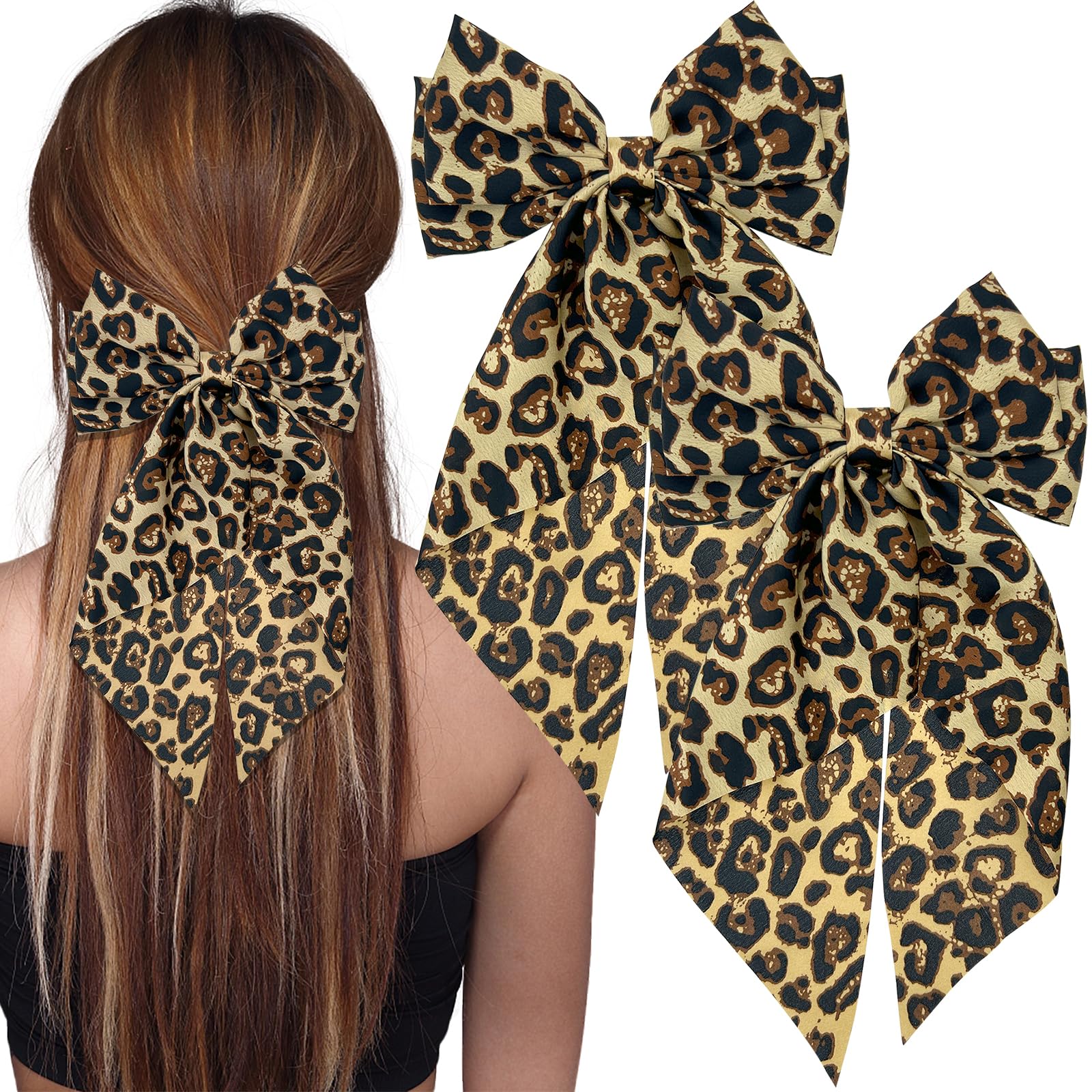 2PCS Cheetah Bow,Cheetah Accessories, Hair Bows For Women,with Long Tail Big Bow Hair Clips