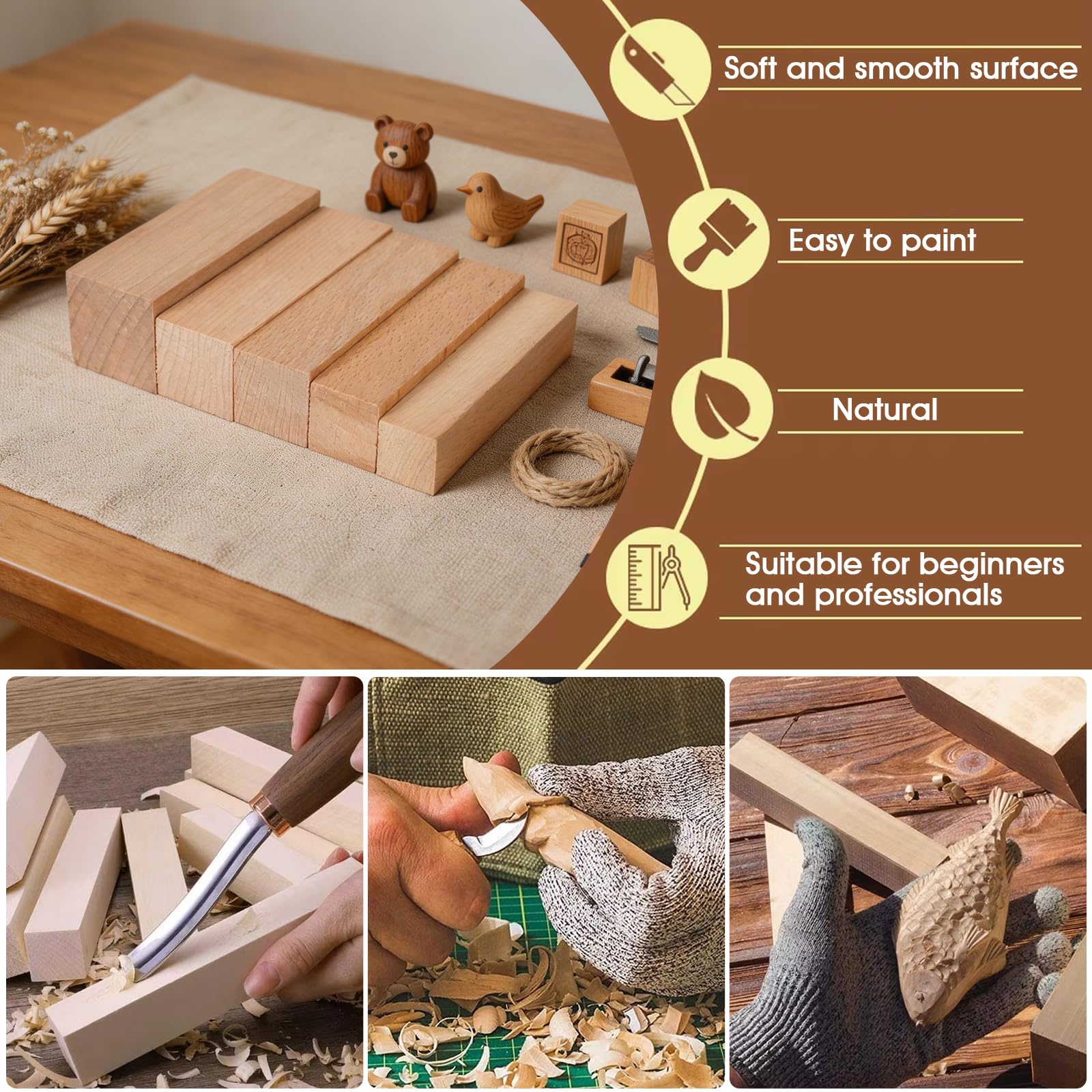 Listones de madera de haya y barras de madera de diferentes tamaños, bloques de tallado de madera para bricolaje, manualidades, carpintería, proyectos creativos y manualidades (30 cm, 10 unidades)