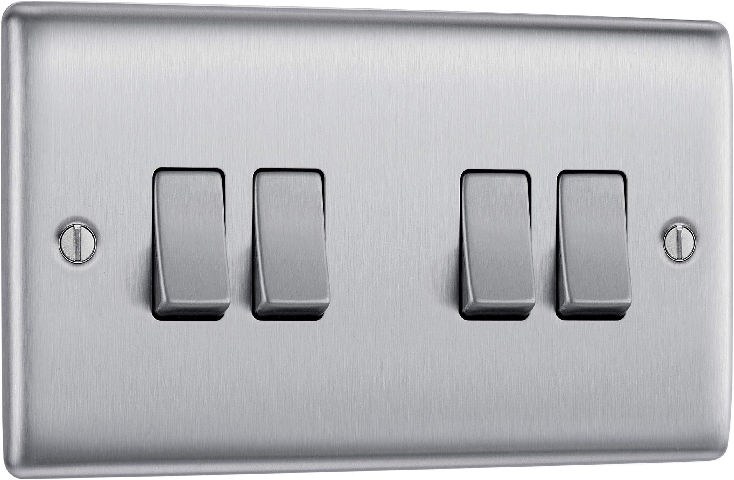 BG Electrical Quadruple Wall Light Switch, 2 Way, Raised and Slim Profile, Round Edges, Nexus Metal, Brushed Steel, 20A, 16AX, NBS44