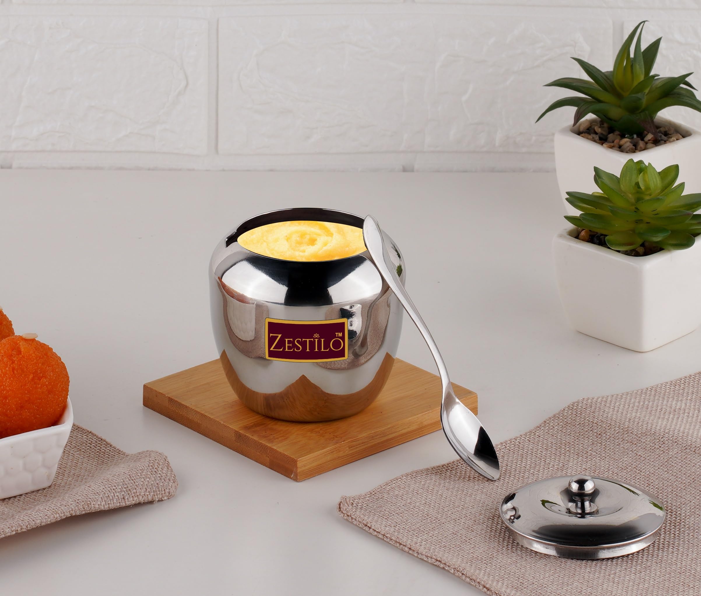 ZESTILO Stainless Steel Ghee Pot, Ghee Container, Ghee Dispenser, Ghee Pot With Spoon, Ghee Container With Spoon, Ghee Jar, Gee Pot, Gee Container 250 Ml Apple,Silver