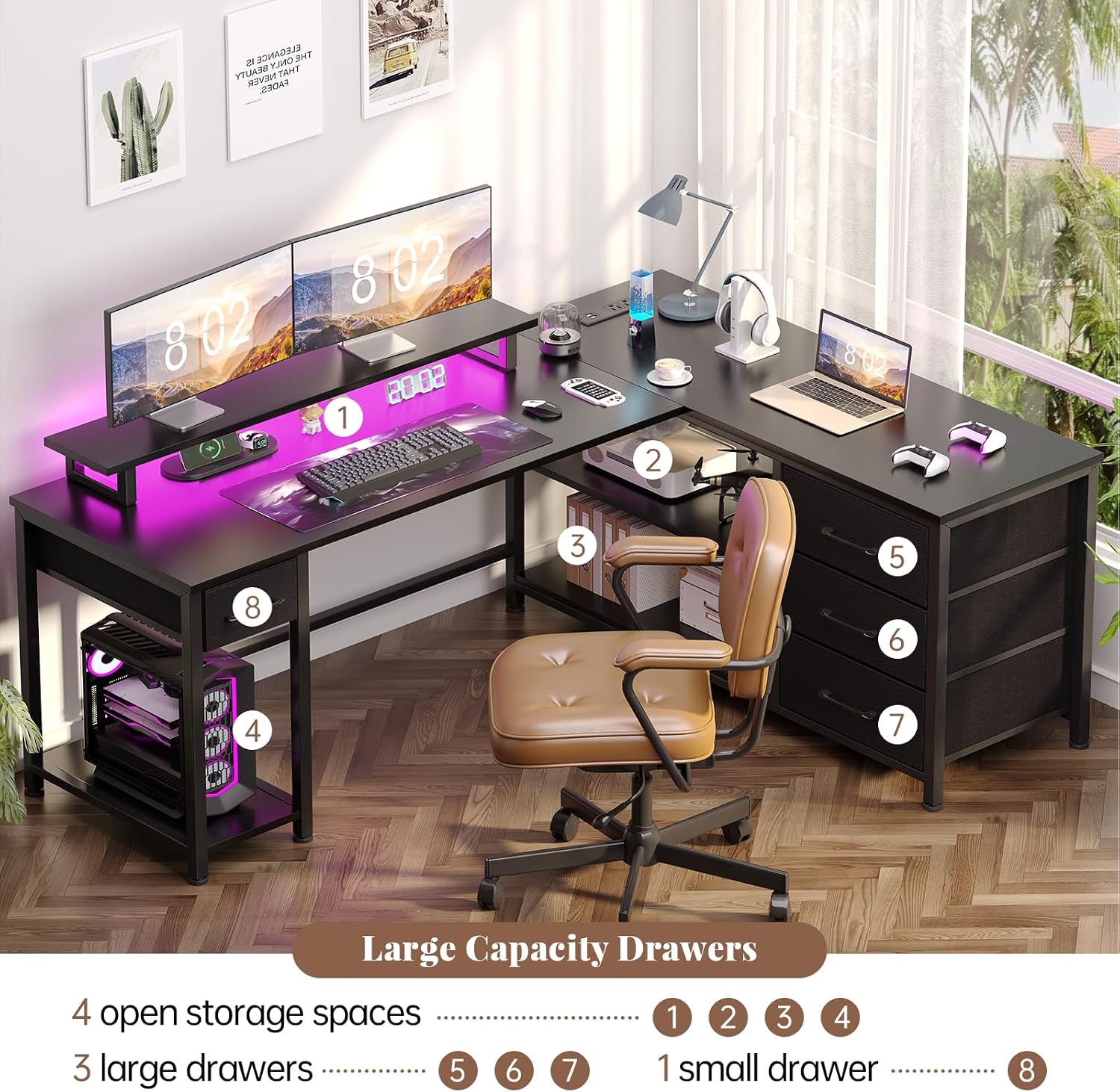 Desk with labeled storage areas