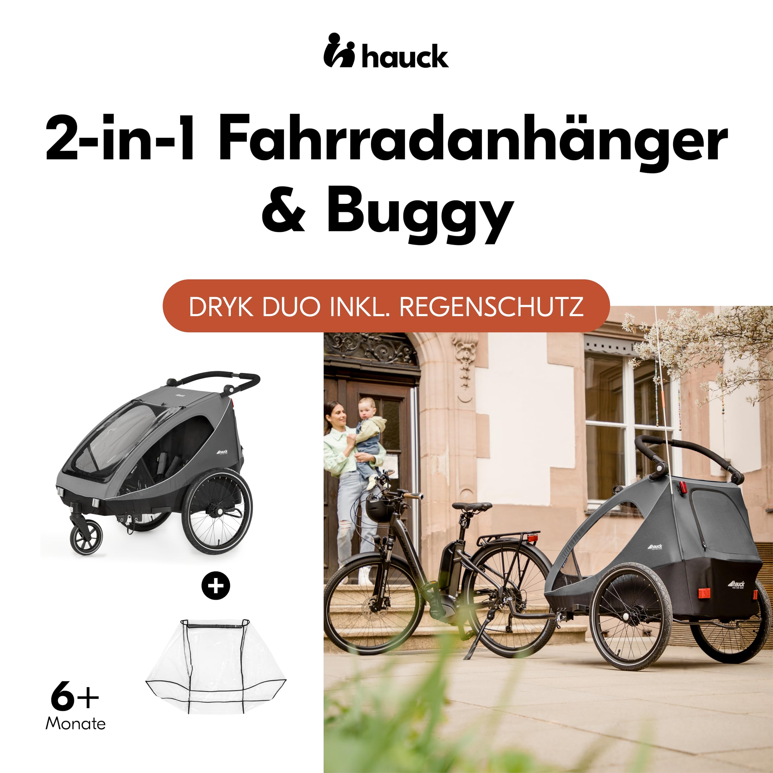 hauck Drky Duo + Regenschutz, Grey - 2in1 Kinderwagen & Fahrradanhänger für 2 Kinder ab 6 Monaten, Zwillings- & Geschwisteranhänger bis 2×22 kg, Luftreifen, Höhenverstellbarer Schieber, Faltbar