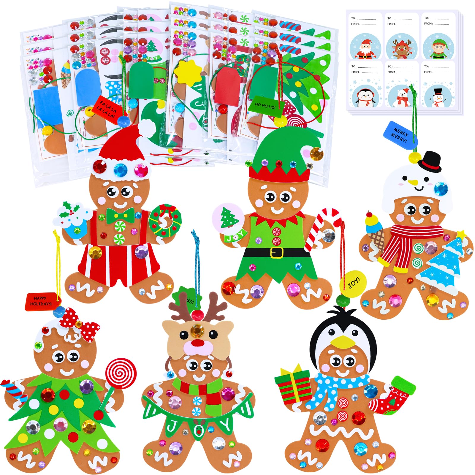 Winlyn 24 Sets Christmas Craft Kits Winter Crafts DIY Holiday Gingerbread Man Ornaments Tree Decorations Art Sets Stocking Foam Stickers Arts and Crafts for Kids Home Classroom Activities Party Favors