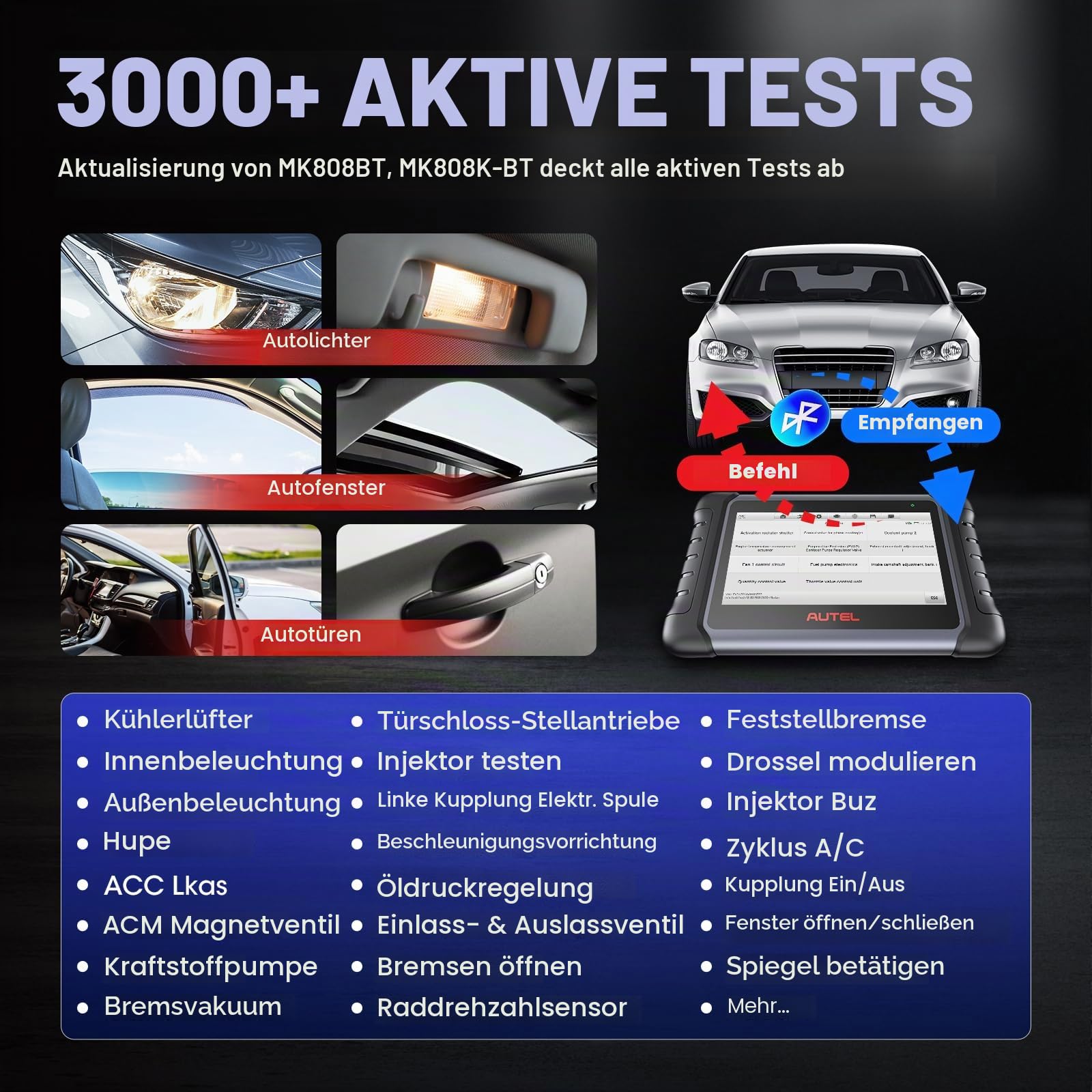 Autel MaxiCOM MK808K-BT OBD2 Diagnosegerät Auto, 2026 Bidirectionnel wie MK900BT MK808BT PRO, BT Ver. von MX808S MK808S MX900 MK900, Aktiver Test, 28+ Dienst, Alle Systeme Scan-Tool,Funktion mit BT506