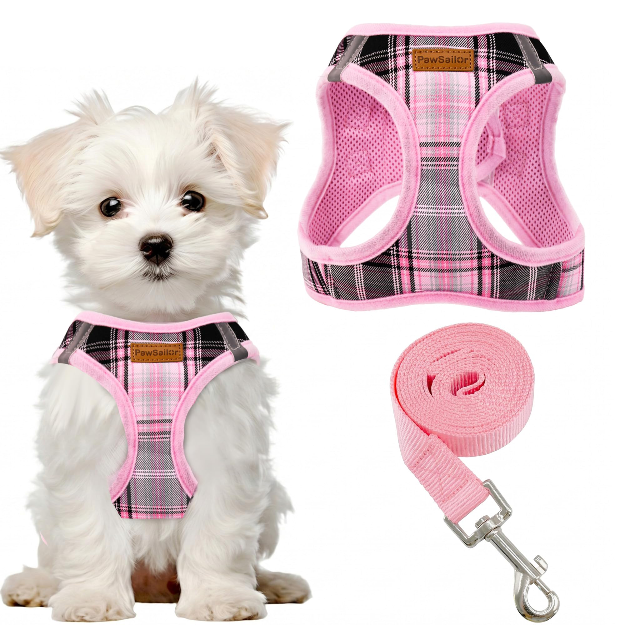 PawSailor Step in Dog Harness and Lead Set Adjustable No Pull Soft Mesh Padded Puppy Harness Reflective Plaid Pattern with Safety Buckle, Easy Walk Pet Vest for Small &Medium Dogs, Pink L