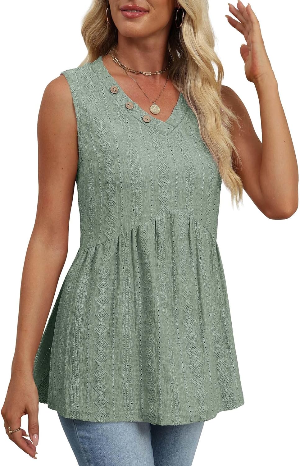 OFEEFAN Womens Tank Tops 2026 Boho Fashion Clothing Flowy Peplum Top Button Down Sleeveless V Neck Babydoll Tank Top - Image 4