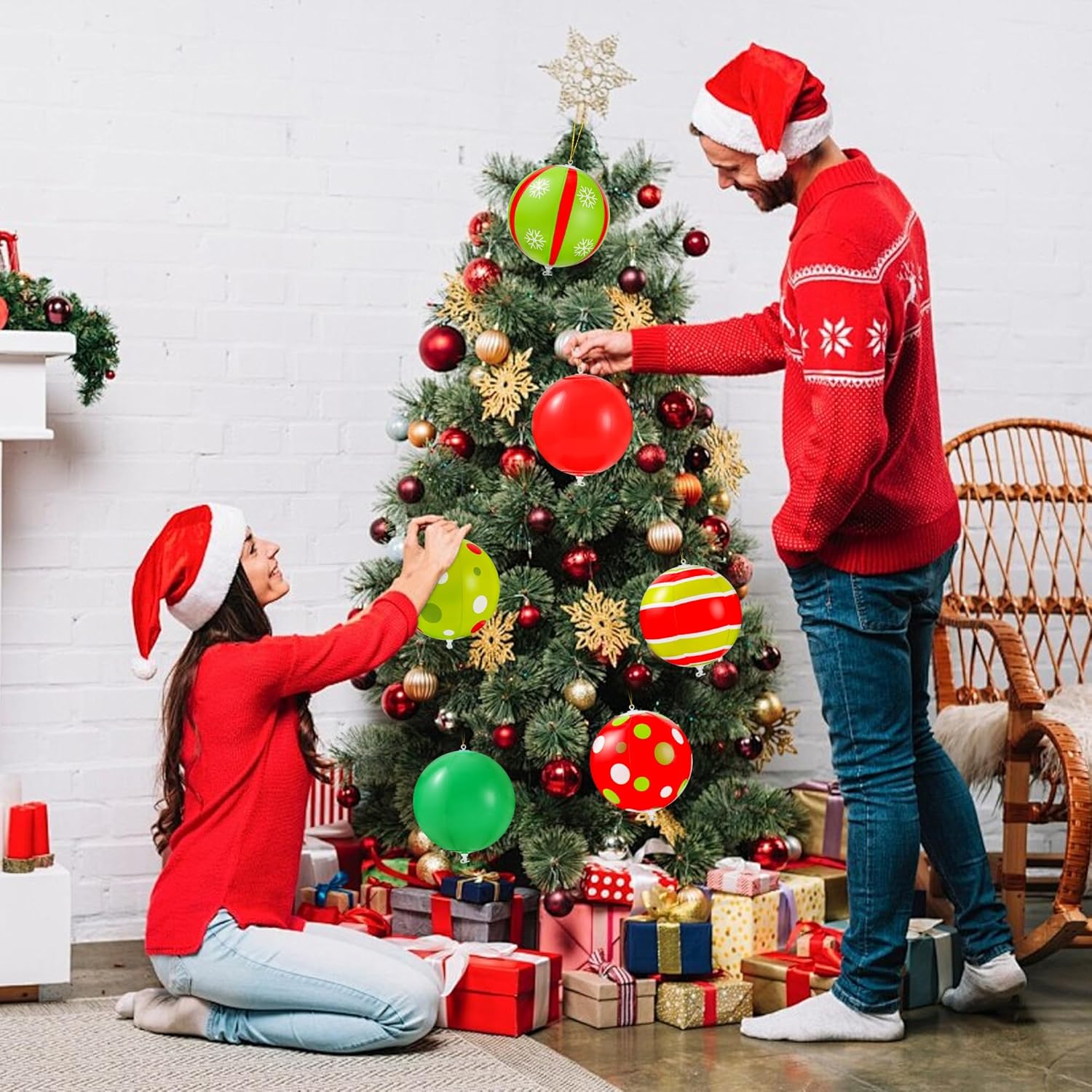 24 Pcs 7.5 Inch Christmas Inflatable Ball 6 Style Outdoor Hanging Ornament Blow Up Xmas Inflatable Ornament PVC Christmas Decoration Ball for Yard Lawn Porch Garden Front Door Holiday Decor(Red&Green)