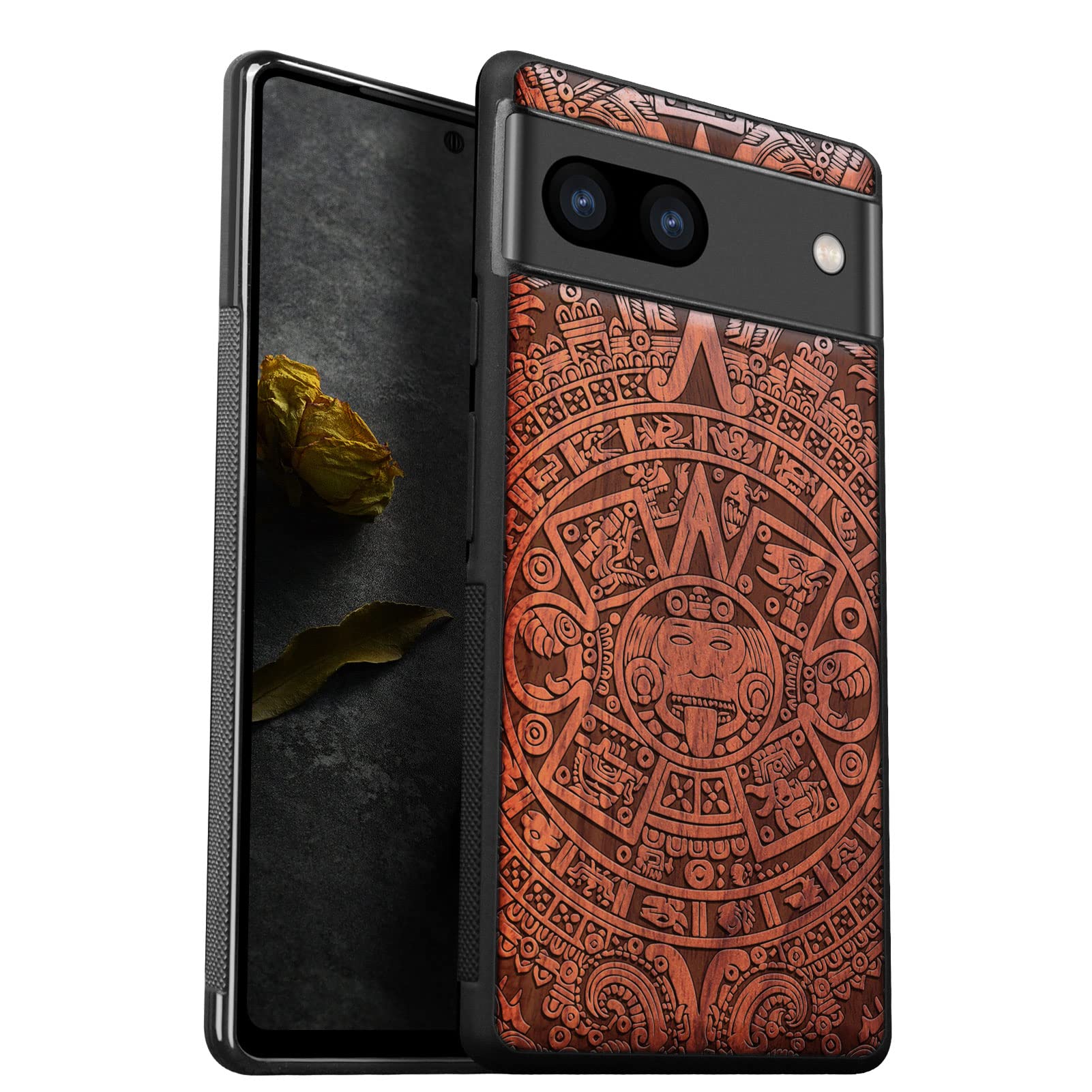 Carveit Custodia In Legno Naturale Per Google Pixel 8 - Disegno Azteco "Sole Nella Stella"