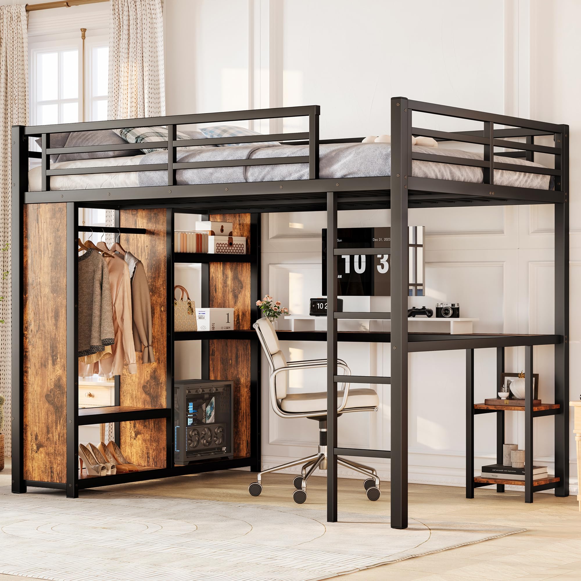 Bellemave Queen Size Loft Bed with Desk and Storage Shelves, Queen Loft Bed with Wardrobe and Hanging Rod, Game Loft Beds with Guardrail, Heavy Duty