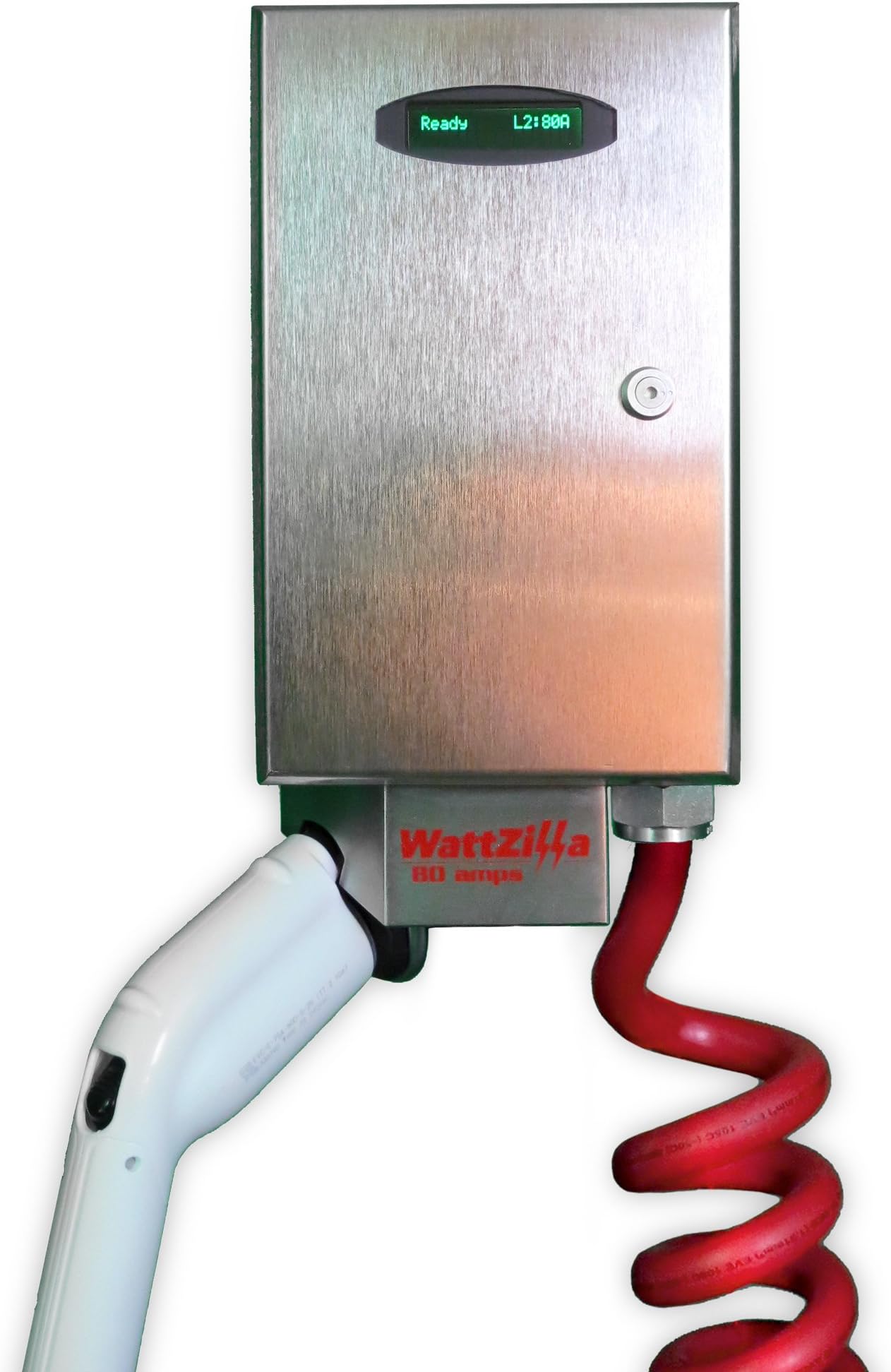 WattZilla-UNO: Level 2, 80 Amp EVSE, 25' red Retractable J1772 Charging Cable w/CMS, Type 4X Outdoor Enclosure, Stainless Steel Wall Mount Kit, Satin Finish, 80 Amp, UL/cUL Listed, Made in The USA