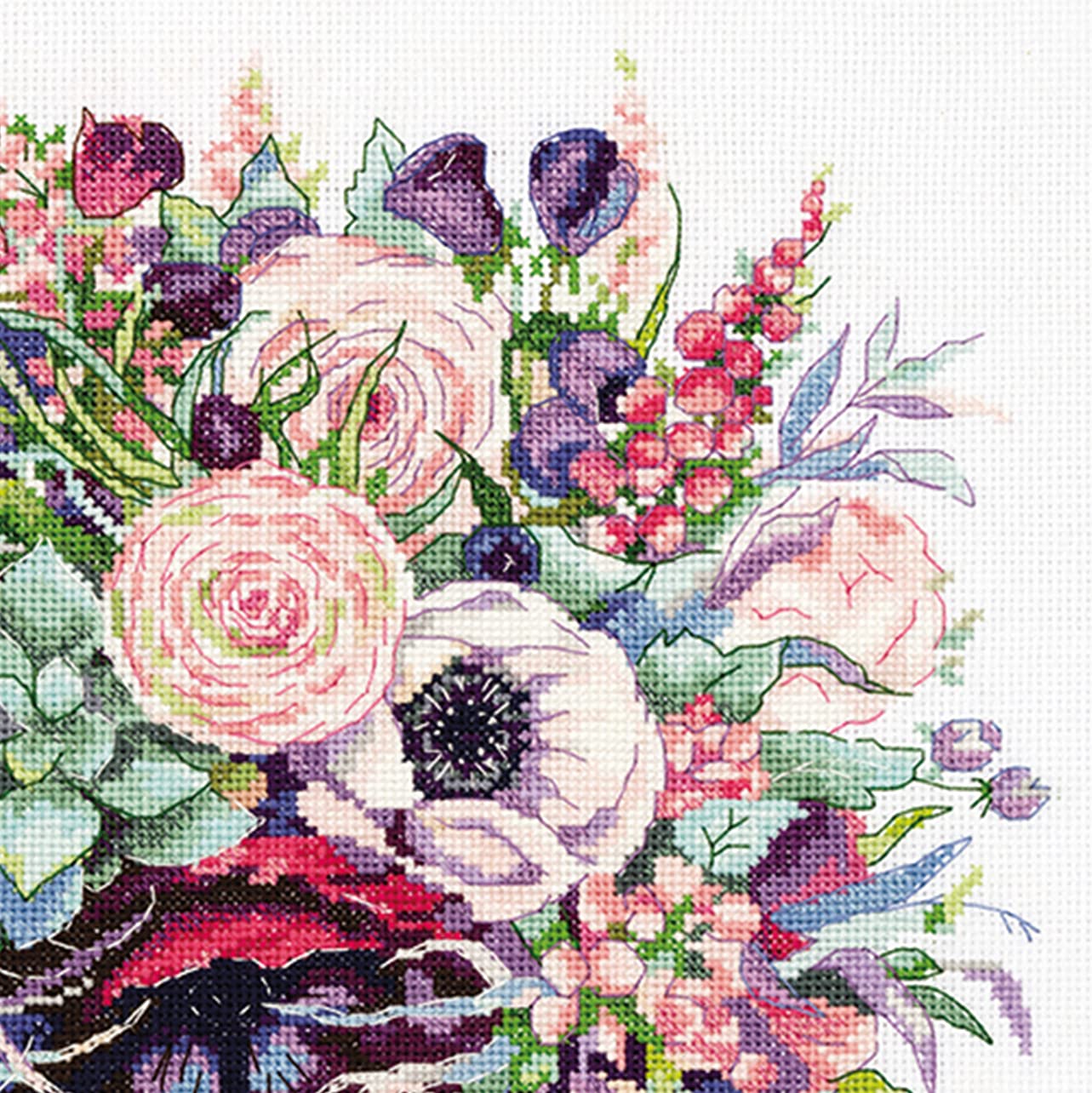 PANNA - Zestaw do ściegu krzyżowego - Bukiet z zawilcami - C-7159 - Kompletny zestaw płótna - Tkanina Aida - 37,5 x 31 cm - Zestaw do majsterkowania
