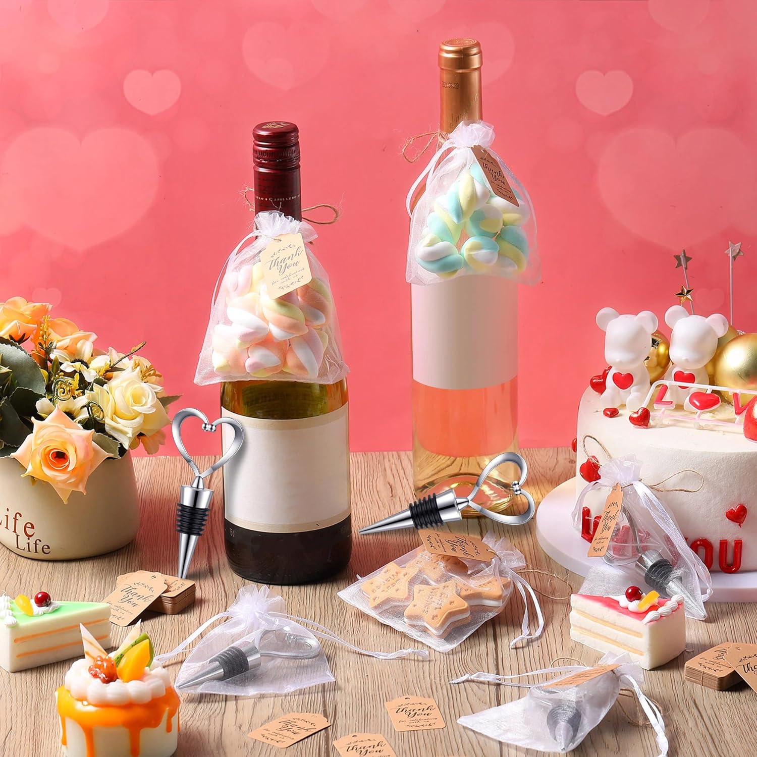 Patelai 90 Pack Heart Shaped Wine Stoppers Wedding Favors for Guests Stainless Steel Beverage Bottle Stopper with 100 Tags 100 Organza Bags and Twine Bulk for Bridal Shower Wedding Party Favors Gifts