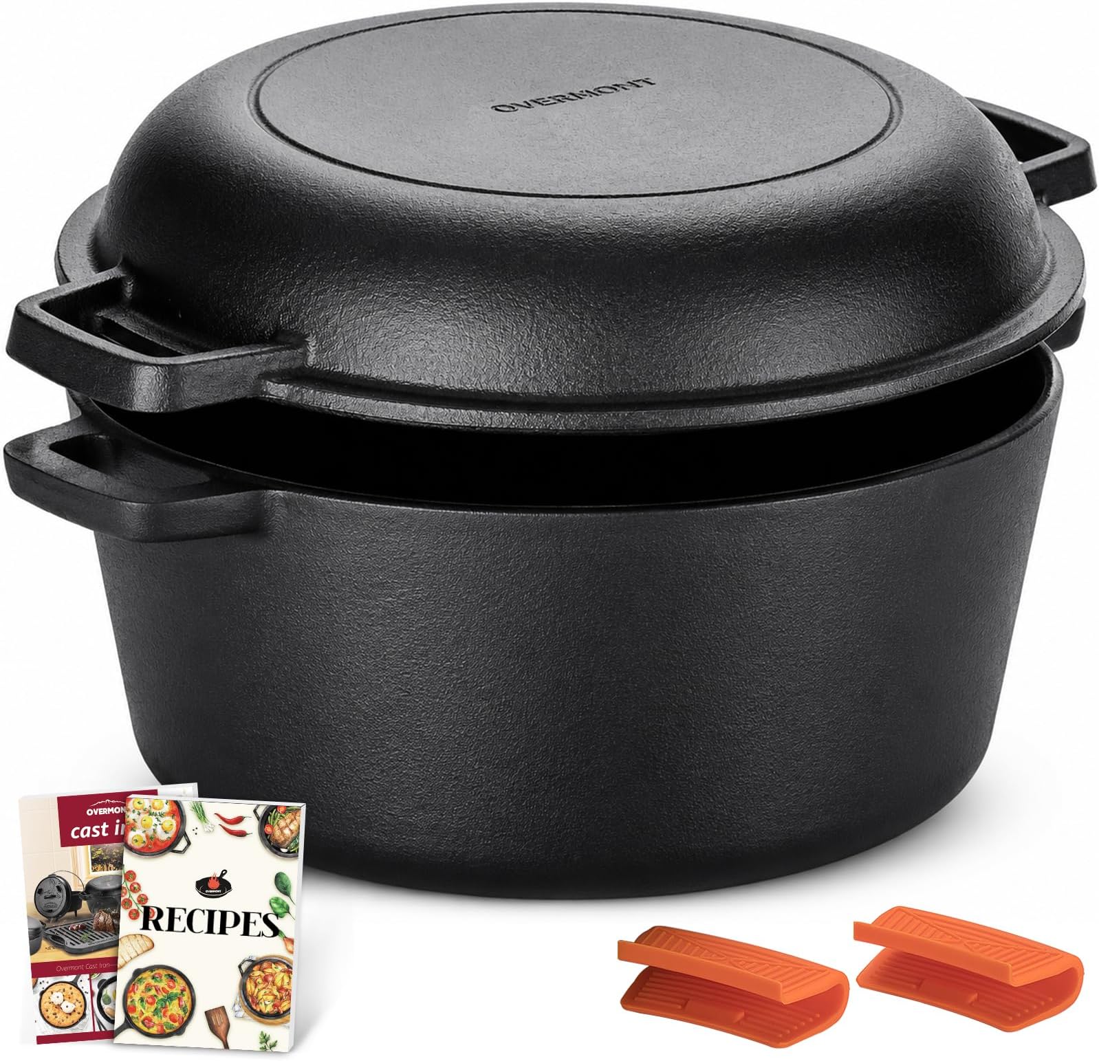 5QT Double Dutch Oven for Bread Baking, 2-in-1 Pre-Seasoned Cast Iron Pot with Skillet Lid for Sourdough, Frying, Camping & Outdoor Cooking