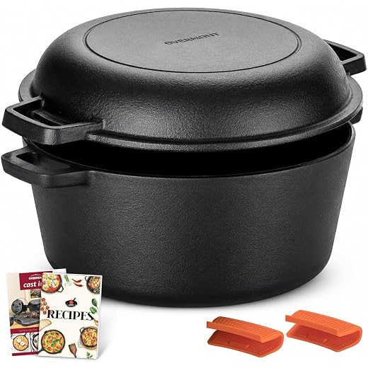 Overmont 2 in 1 Dutch Oven with Skillet Lid Cookbook Recipe 5 QT Cast Iron Casserole Pot + 1.6 QT Skillet Lid Pre Seasoned with Handle Covers for Camping Home Cooking BBQ Baking Model: OV007