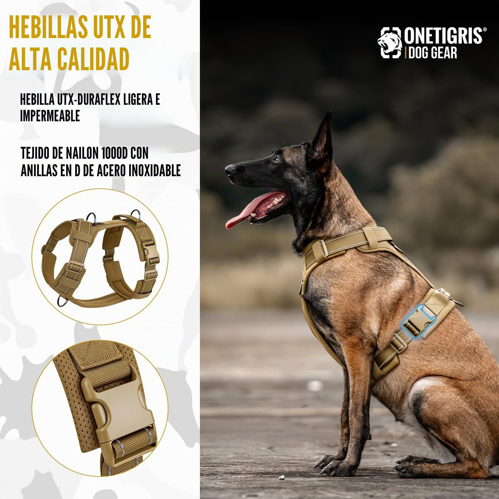 OneTigris arnés para perros, Diesel ajustable táctico acolchado suave para perros medianos y grandes con reflectante, 1 asa, 3 anillos en D (Marrón, M)