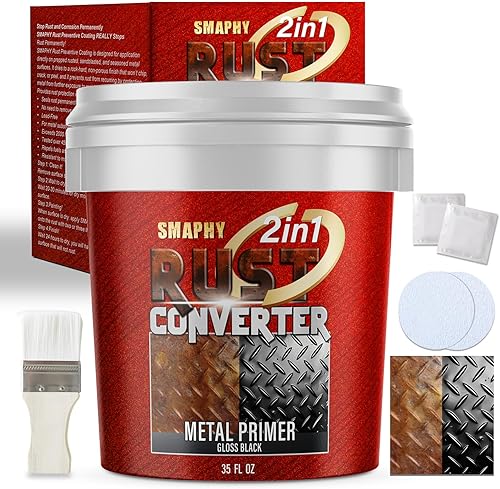Convertidor de óxido 2 en 1 e imprimación de metal, pintura inhibidora de óxido negro brillante de 35 onzas para metal, máxima protección contra el