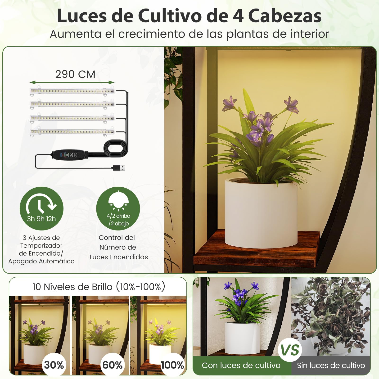 COSTWAY Soporte para Plantas de Interior con Luces de Crecimiento, Estante Metálico en Esquina con 10 Niveles, Estantería para Macetas Grandes, Estante Decorativo con Curvas para Salón Balcón