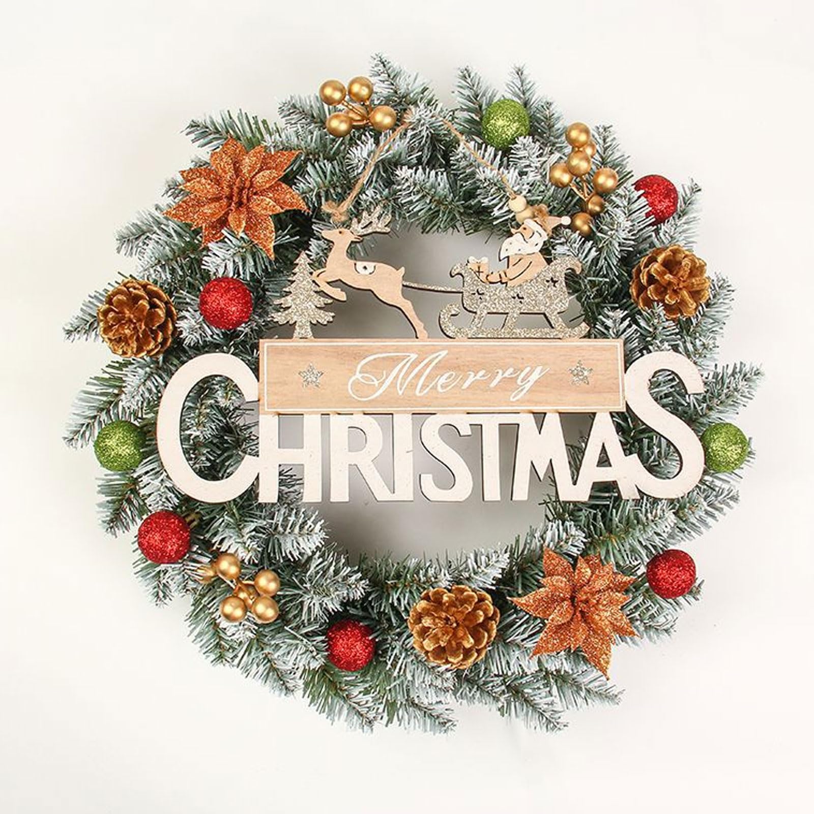 Corona de Navidad artificial preiluminada de 24 pulgadas, coronas de Navidad para puerta delantera, bayas esmeriladas decoradas con pino mixto, piñas, luces LED, decoración navideña para puerta