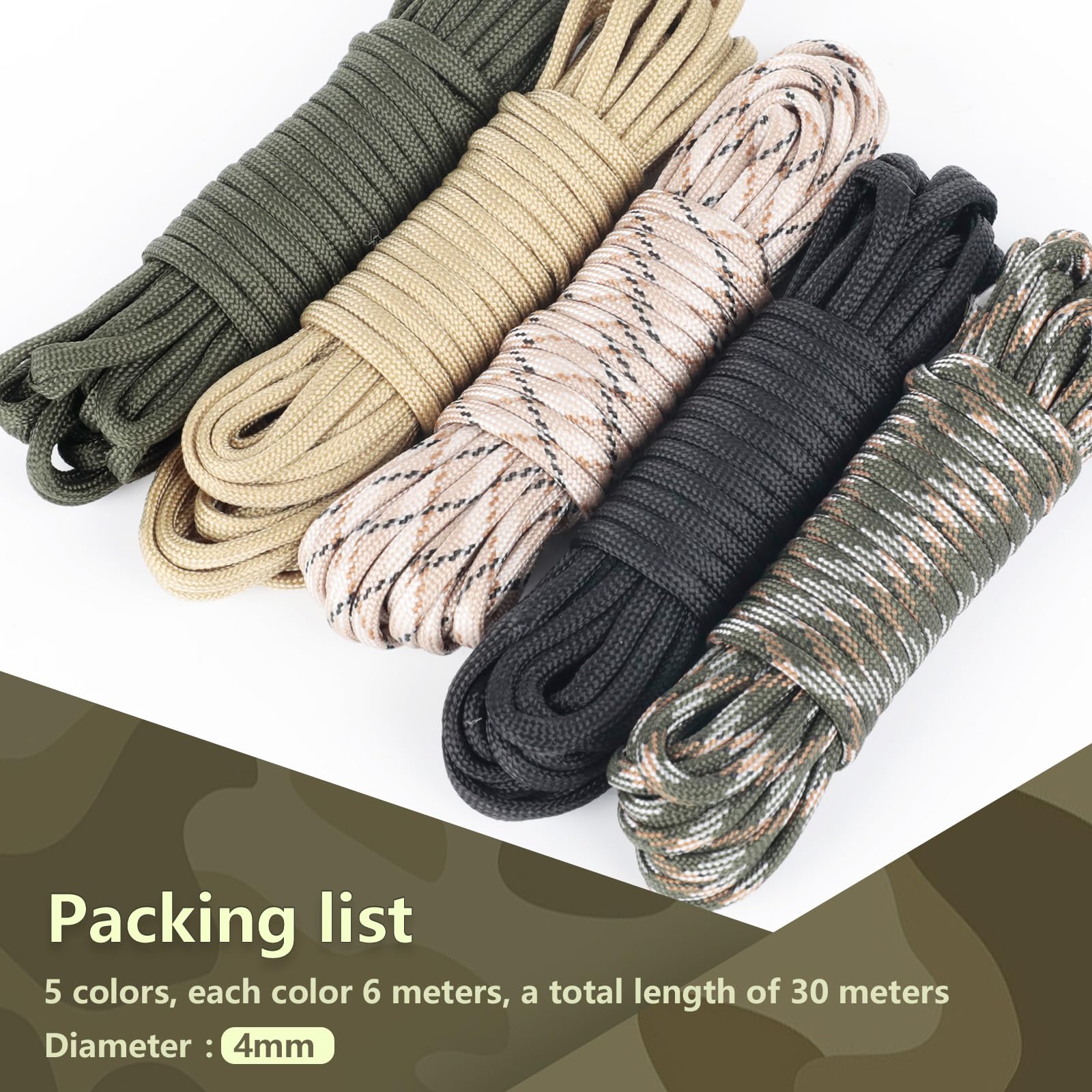 Romon Paracord 550 30 Metros, Cuerda Paracord 4mm, Cuerda Escalada, Cordino 7 Hebras, Cuerda para Toldo Exterior, Cuerda Camping, Cuerda Tendedero