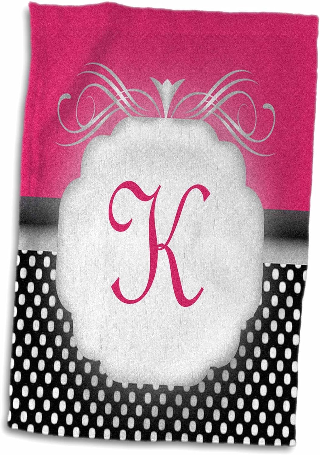 3dRose Elegant Pink with Black and White Polka Dot Monogram Letter K 22x30 Bath Hand Pool Towel