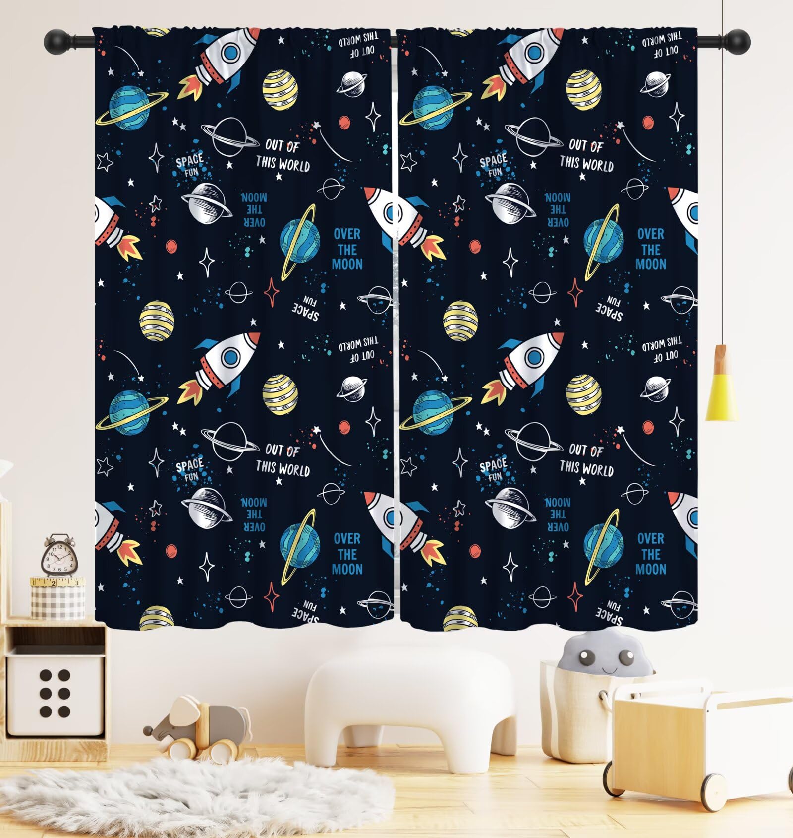 LOMADIA Space Kids Curtain,Cartoon Child Spaceman Planet Theme Blackout Curtain, Solar System Astronaut Window Treatments Drapes for Nursery Boys Girls Room Bedroom Decor 42