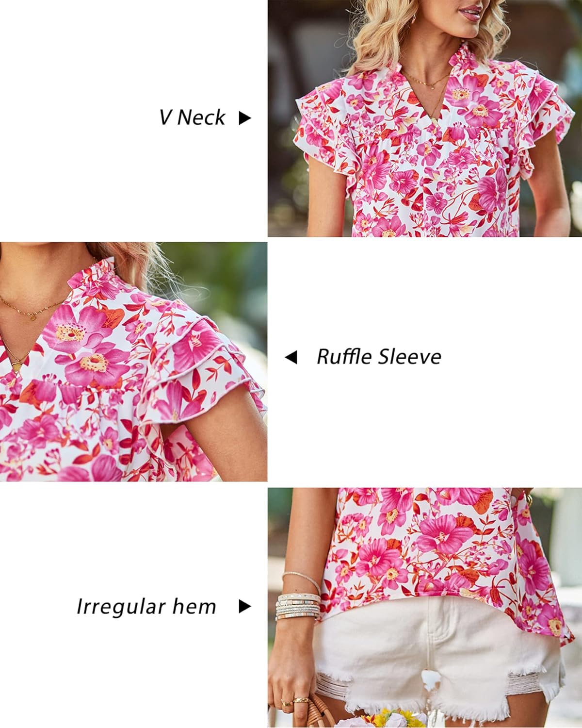 Arach&Cloz Womens Summer Tops Fashion 2023 Ruffle Short Sleeve V Neck Floral Dressy Casual Blouse Shirts - Image 3