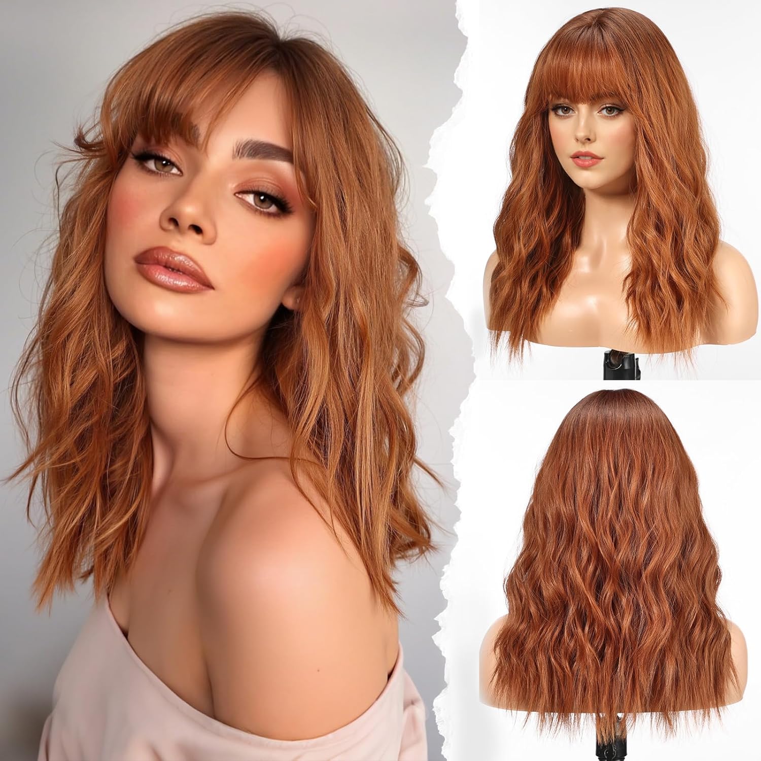 HAIRCUBE Long Wig with Bangs Synthetic Wavy Wigs for Women Auburn Color HAIRCUBE Long Wig with Bangs Synthetic Wavy Wigs for Women Auburn Color
