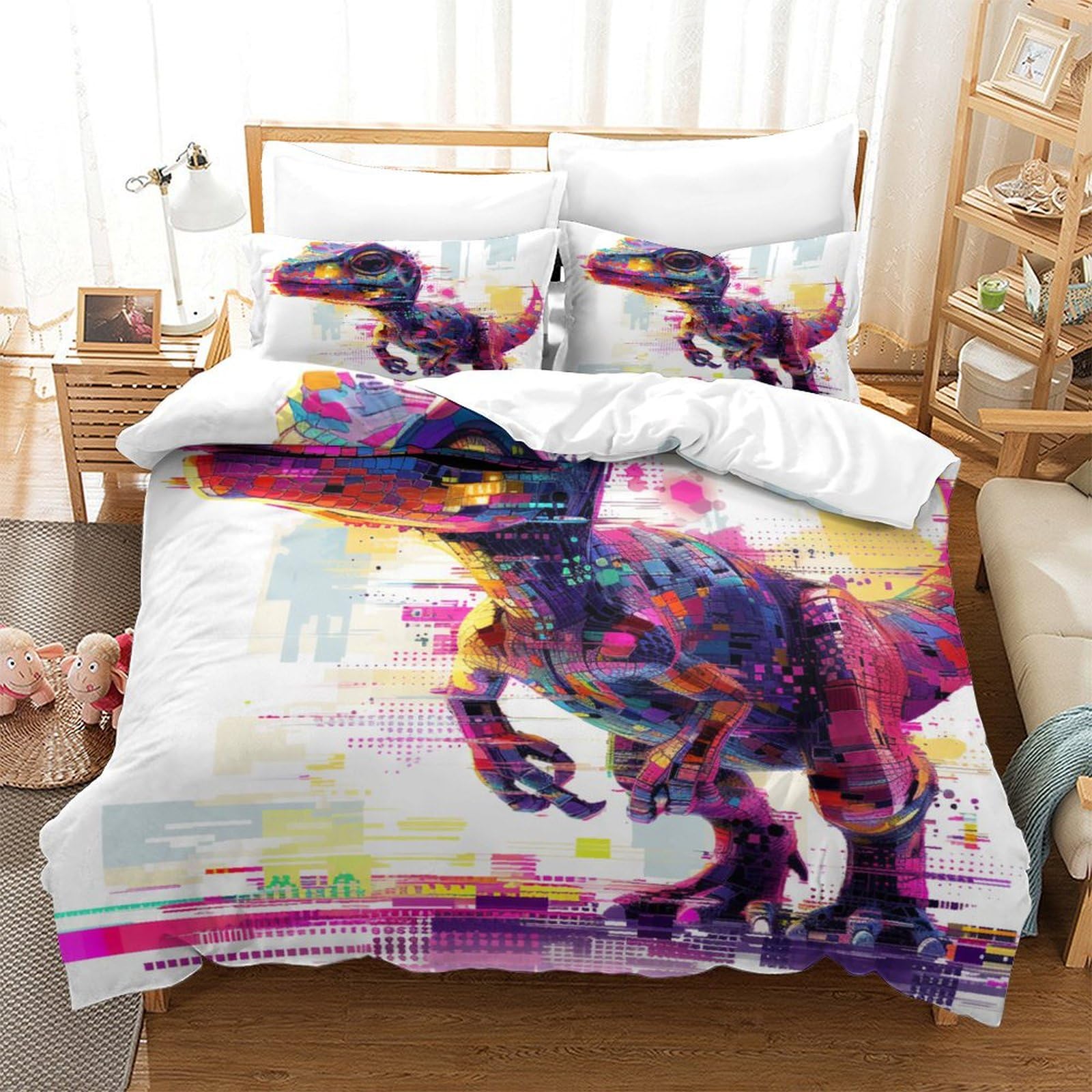 Housse de couette dinosaure 140x200 cm avec 2 taies d'oreiller zippées