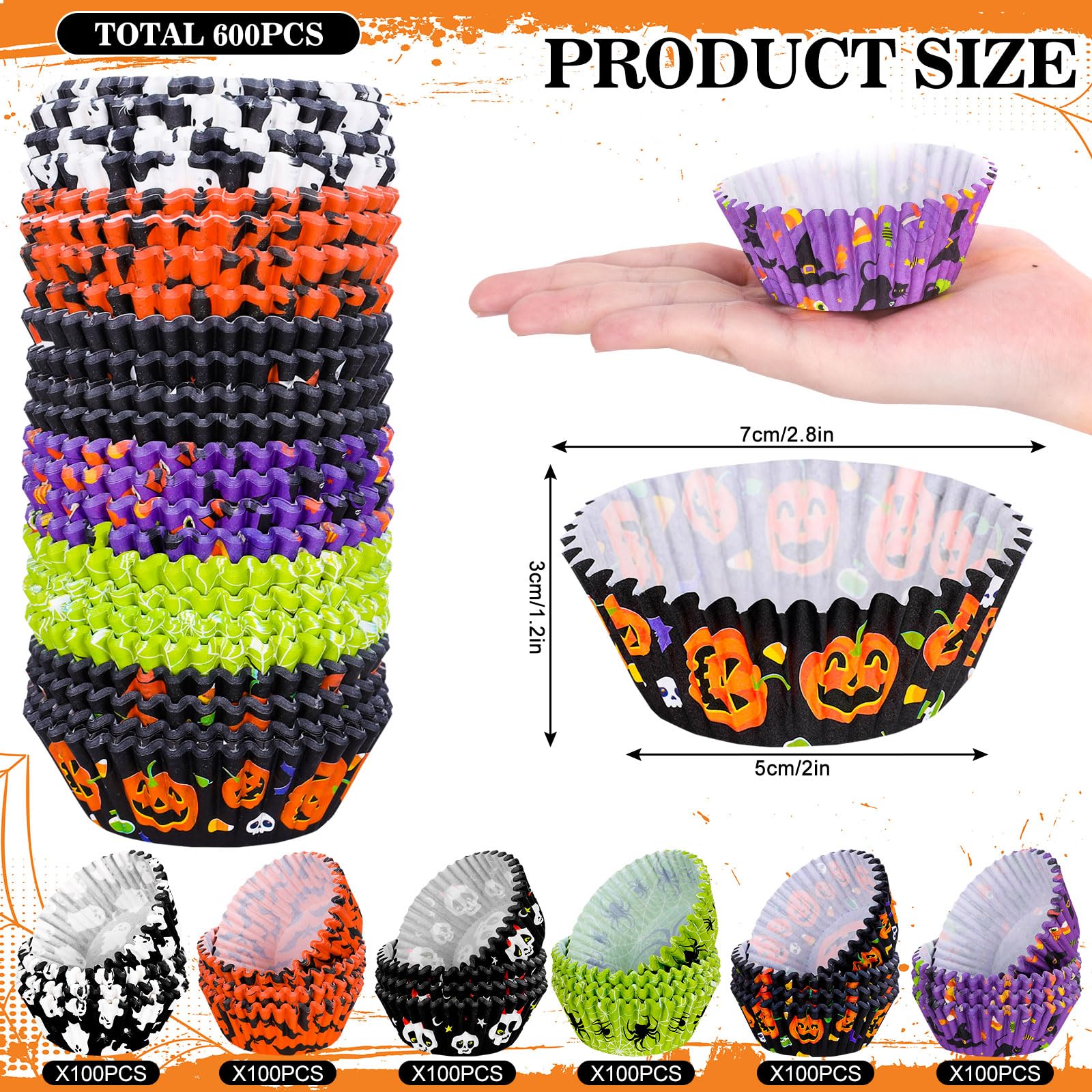 Whaline 600Pcs Halloween Cupcake Liners Pumpkin Witch Legs Bats Ghosts Spider Skulls Cupcake Wrappers Baking Cups Holders Muffin Baking Liners for Halloween Party Supply