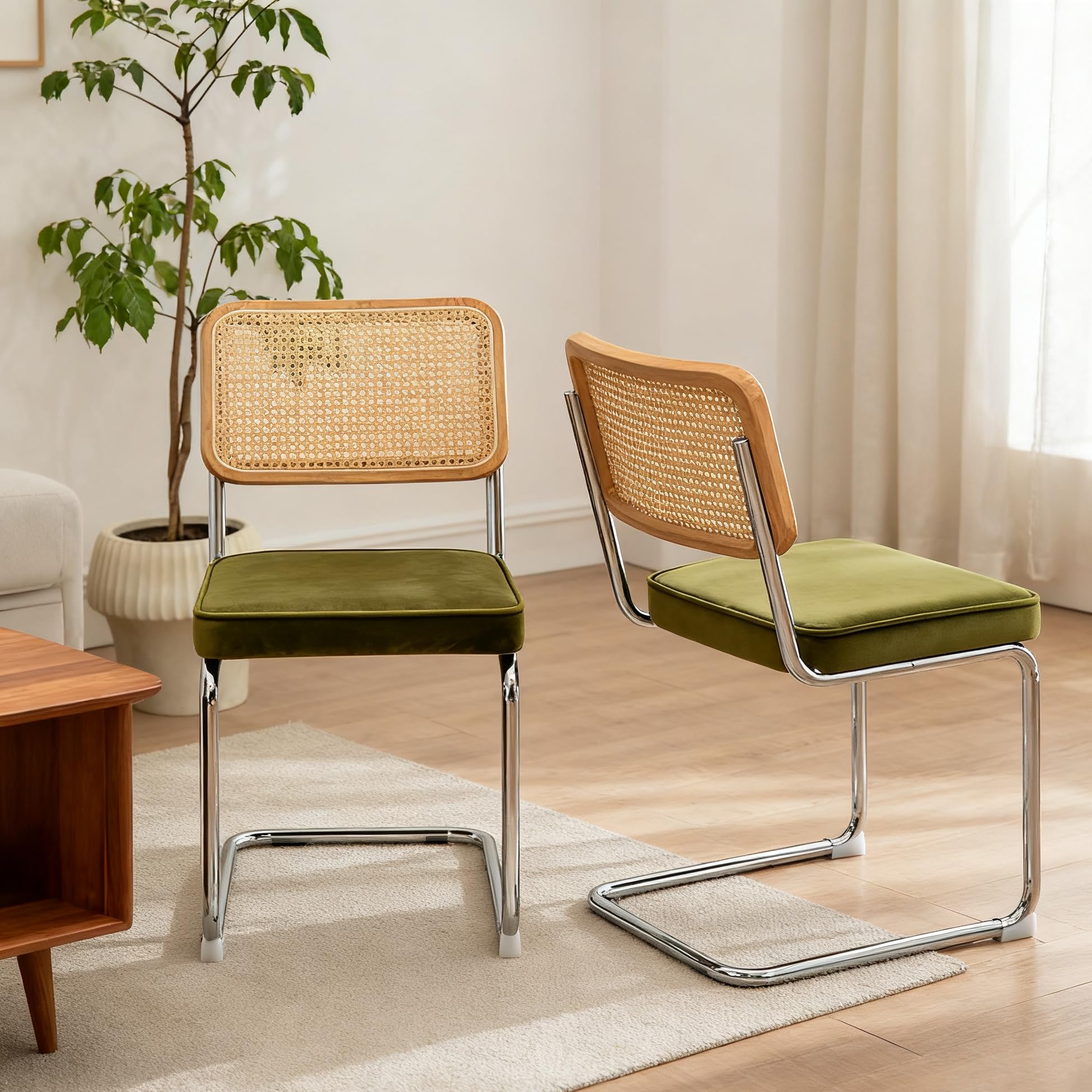Sillas de Comedor de Terciopelo y Ratán, Salón y Cocina, Verde, Pack de 4