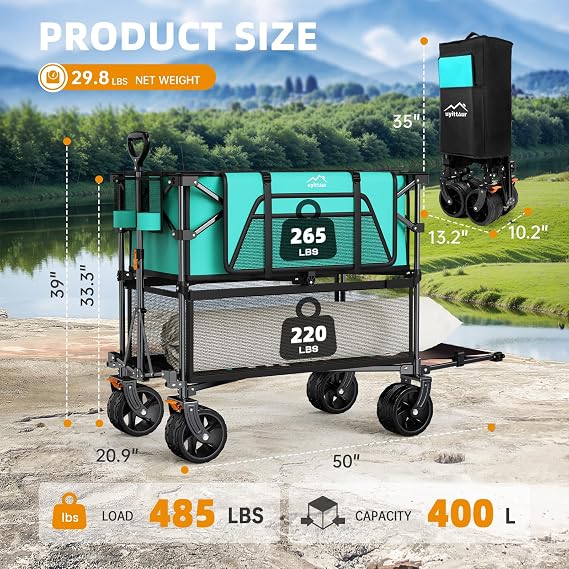 Uyittour Foldable 50''L Extra Long Double Decker Wagon for Sport, 400L Collapsible Heavy Duty Wagon Cart with Big Wheels, Utility All-Terrain Large Extender Cart for Outdoors, Light Blue