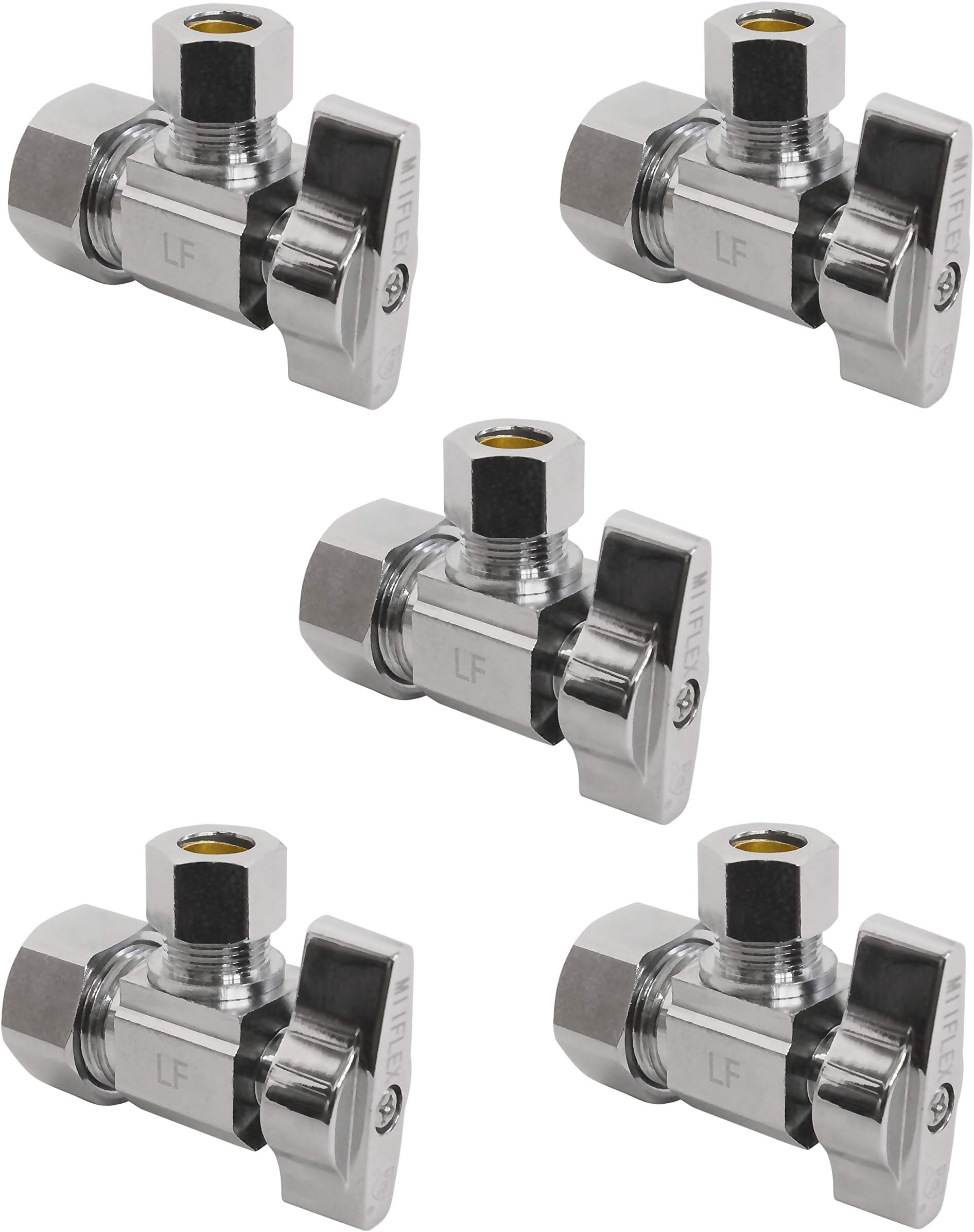 Heavy Duty 1/4 Quarter Turn Angle Shut Off Valve Squared Body 1/2 in. NOM Comp Inlet x 3/8 in. OD Compression Outlet Chrome Plated Brass (5 Pack)