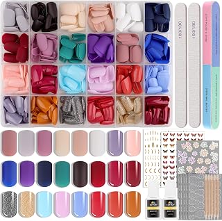 EBANKU 576Pcs Short Press On Nails With Nail Glue, 12 Colors Short Matte Fake Nails, 8 Colors Short Glossy Fake Nails, 4 Colors Short Glitter Fake Nails, Short Round False Nails With Nail Stickers