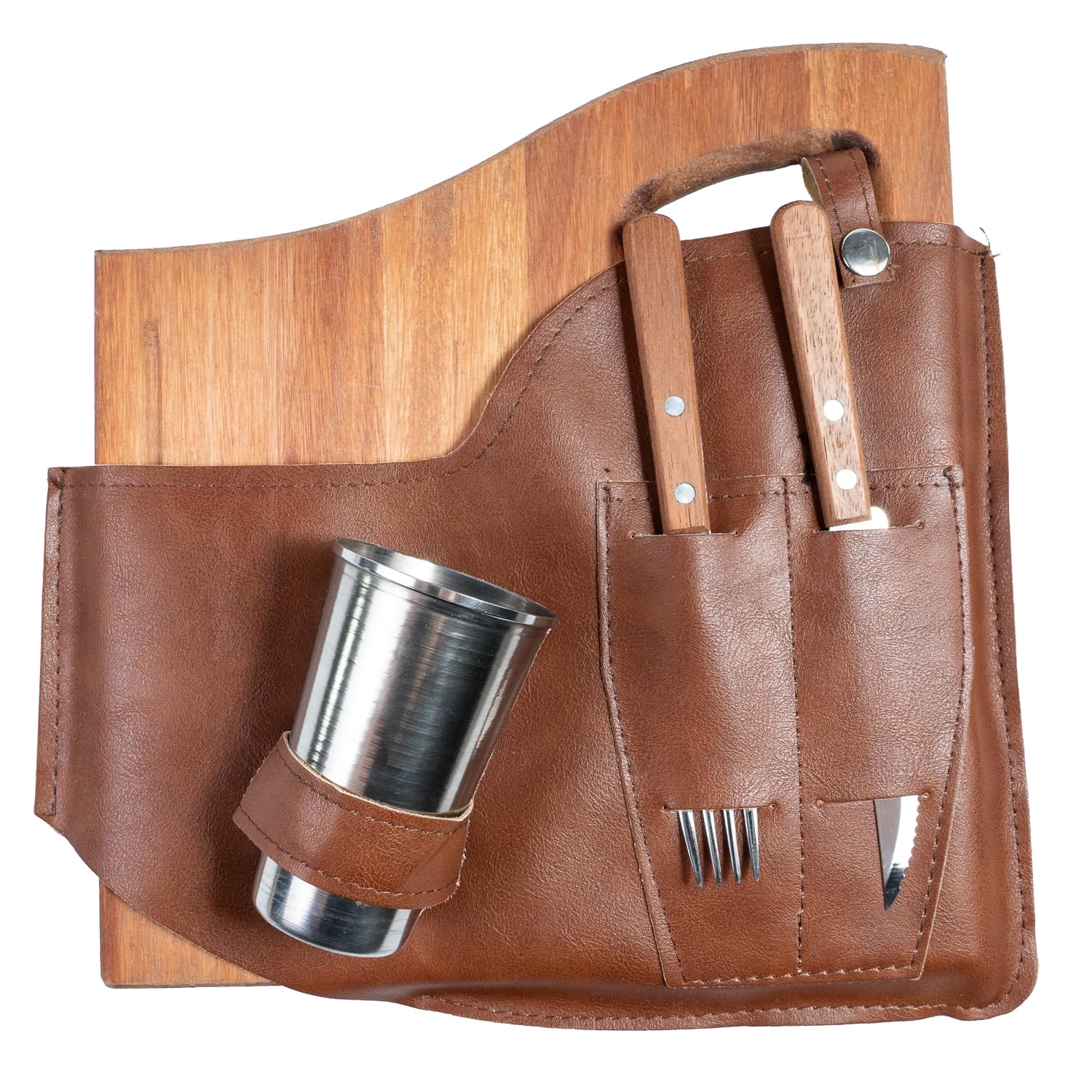 Set Asado Barbacoa Premium con Tabla Madera Vaso Cuchillo Tenedor Artesanal Argentino