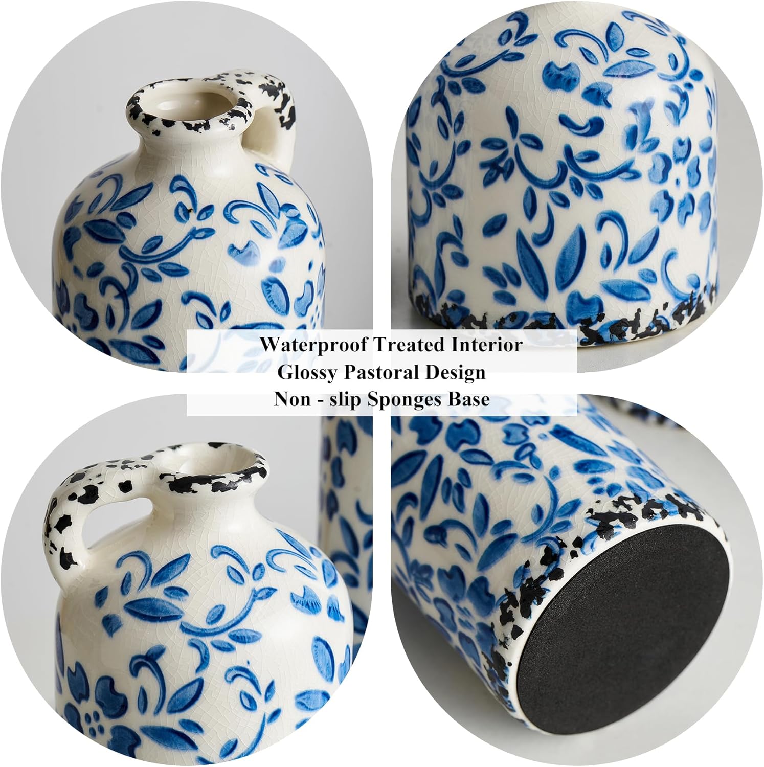 Ceramic Vase Set of 3, Vintage Blue and White Vase, Chinoiserie Floral Vases, Rustic Farmhouse Ceramic Vases for Home Decor, Blue Vase for Living Room, Kitchen Island, Bookshelf, Chinoiserie Decors