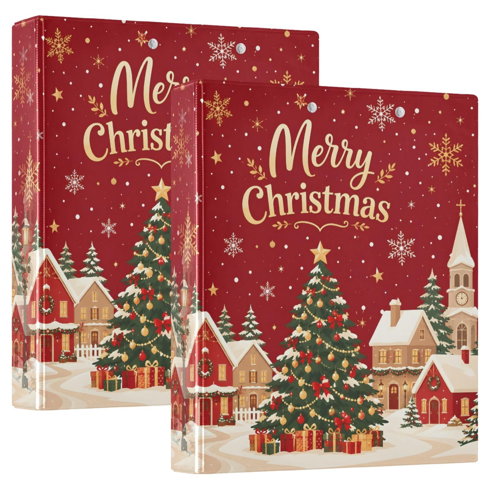 Merry Christmas Village Scene Winter 3 Ring Binder with 2 Interior Pockets 1.5 inch Binders 3 Ring Heavy Duty Fit 8.5" x 11" Letter Size for Office School, 2 Pack