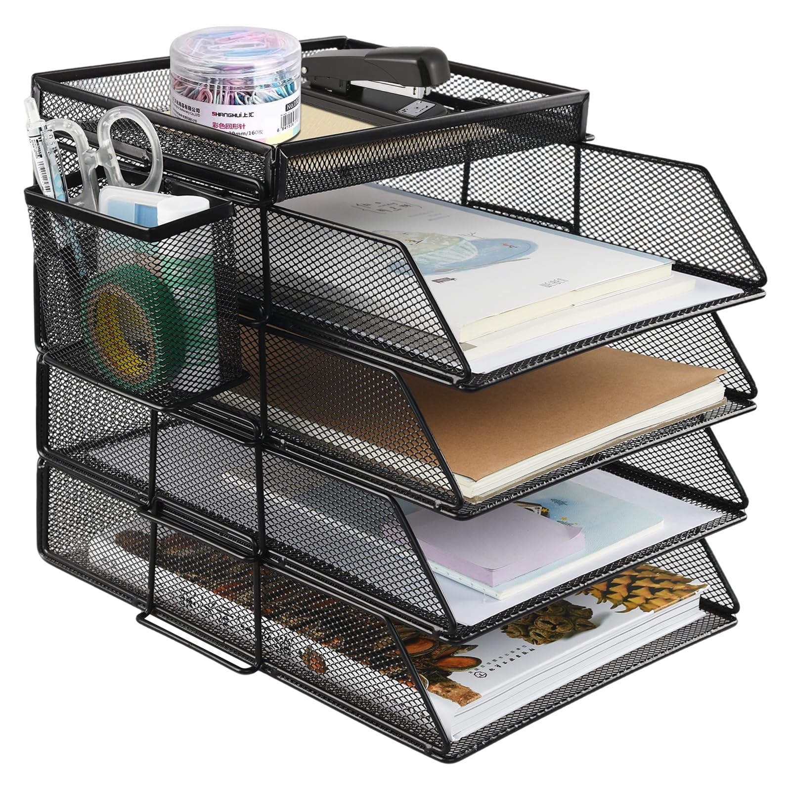 書類トレー 4+1段 レタートレー 縦置き レターケース a4 書類ケース 組み立て式 積み重ね可能 書類整理 ペン立て付き 小物入れ 卓上収納 ファイルラック メッシュメタル 新聞/雑誌/A4ファイル/フォルダー/書類収納 (ブラック)
