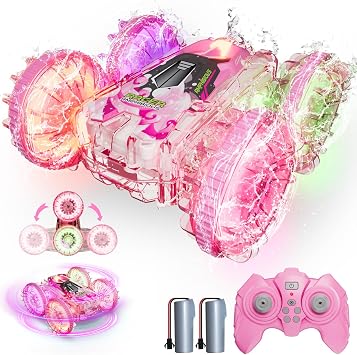 Amphibious Remote Control Car for Water or Land Play, RC Car for Kids Girls with LED Lights 4WD Stunt Car Pink Pool Toys with 70/36Minutes Play 2Batteries,360Rotation,180Flip,2.4GHz Remote
