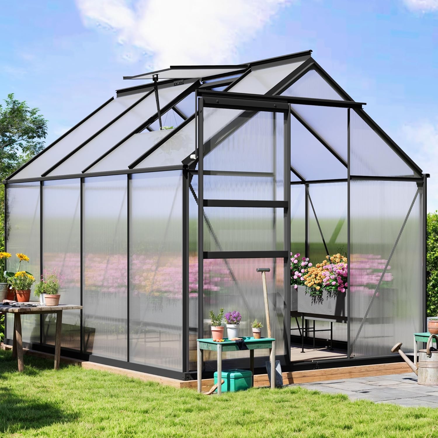 YITAHOME Polycarbonate 6x8FT Greenhouse Heavy Duty Green Houses Outdoor Greenhouses Aluminum Sliding Doors Vent Window Premium Large Sun House for Garden Backyard, Black Black 6x8ft