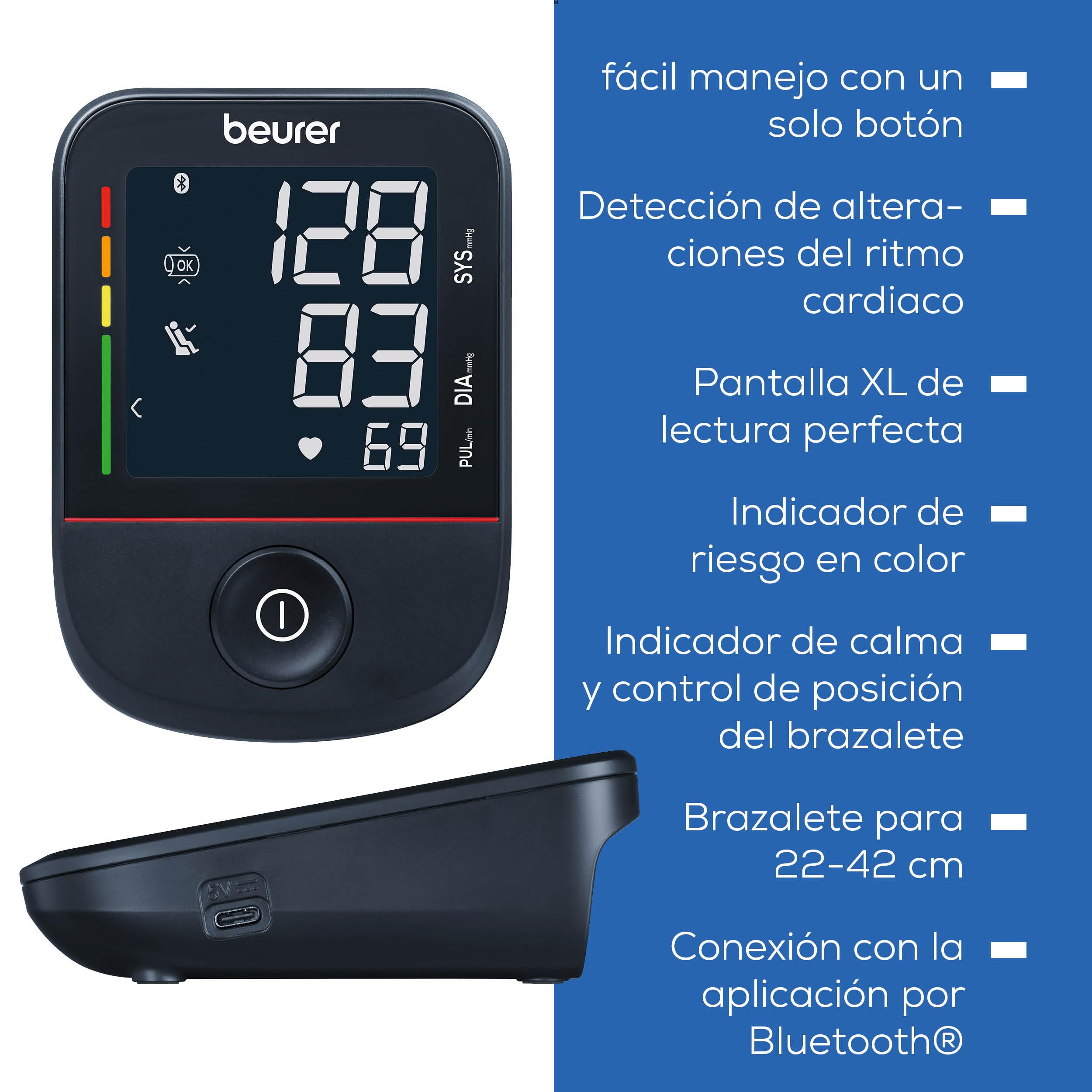 Beurer BM 48 Tensiómetro de brazo, operación sencilla con un solo botón, medición suave y rápida, detección de arritmias, 22-42 cm, con aplicación, transferencia de datos a Apple Health y más