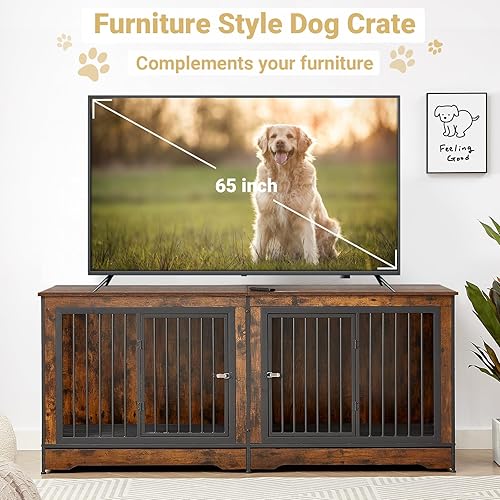 Vista 5 de Rovibek Mueble doble para perros de 75 pulgadas para 2 perros grandes, estilo muebles resistentes, estilo perrera, jaulas de madera para perros