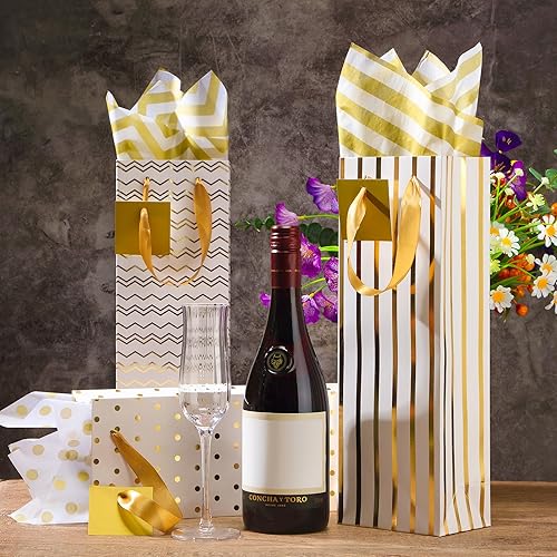 Miniatura 26 de Chrisfall 12 bolsas de vino para botellas, bolsas de regalo de vino, papel kraft a granel con asas, etiquetas, papel de seda para envoltura