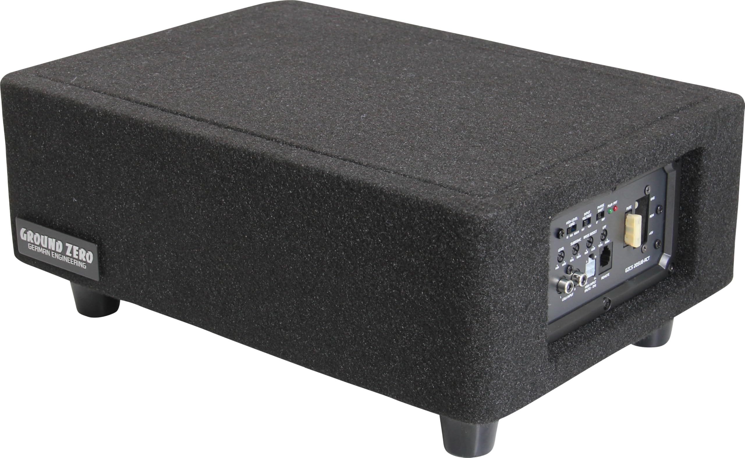 Ground Zero GZCS 20SUB-ACT Aktiv-Gehäusesubwoofer, 20cm, 250W RMS, 50-150Hz, Downfire, 9-16V, Holz