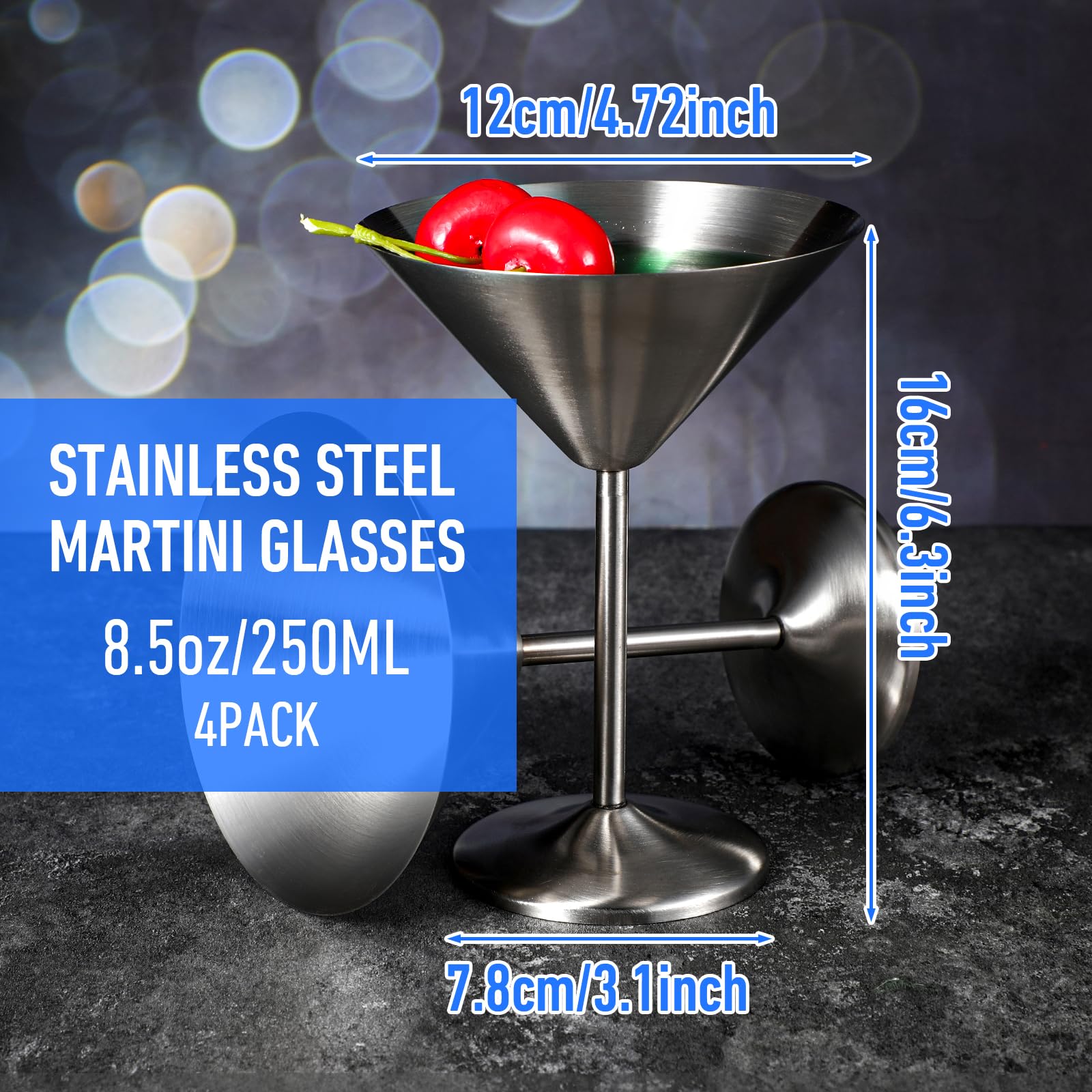 Confezione da 4 bicchieri da Martini in acciaio inox, bicchieri da Martini in metallo, infrangibili, pronti da viaggio, set da 250 ml, infrangibili con finitura sabbiata