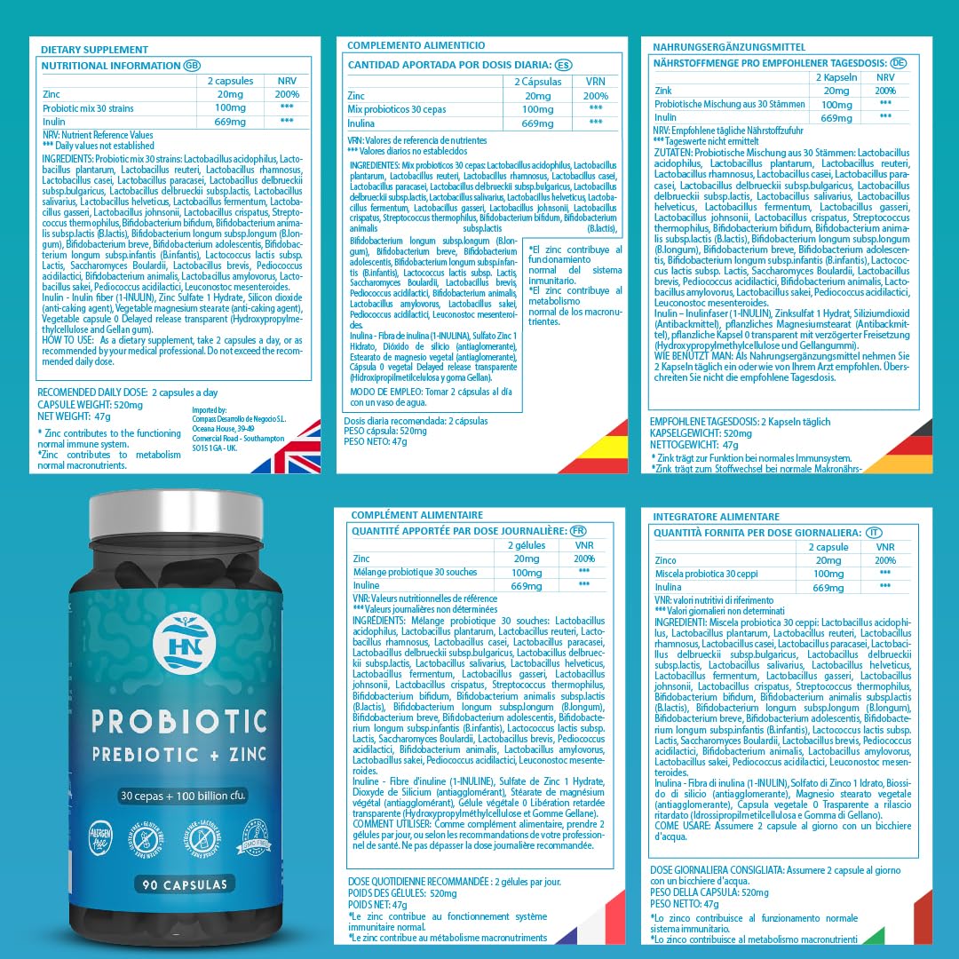 Probioticos y Prebioticos Intestinales 100 mil millones de UFC-30 Cepas Bacterianas Prebioticos y Probioticos con Zinc + Inulina Apoyo Inmunológico Probióticos para Flora Intestinal 90 Cáps (3 Botes)