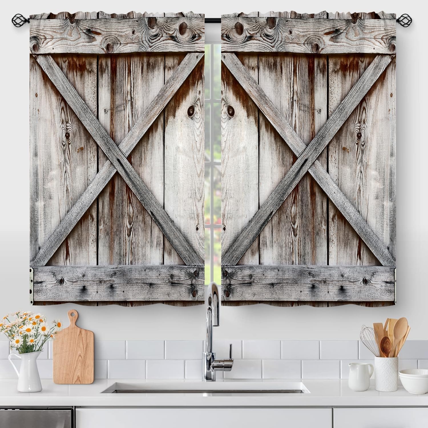 Amazon.com: Aeyadis Rustic Barn Door Kitchen Curtains, Wooden Wood ...